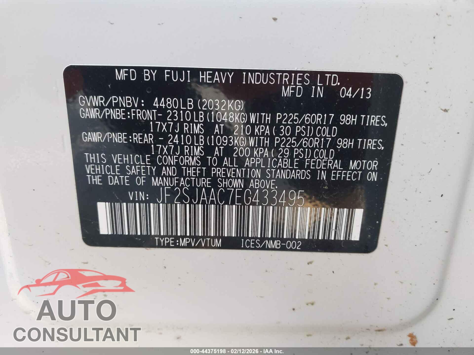 SUBARU FORESTER 2014 - JF2SJAAC7EG433495