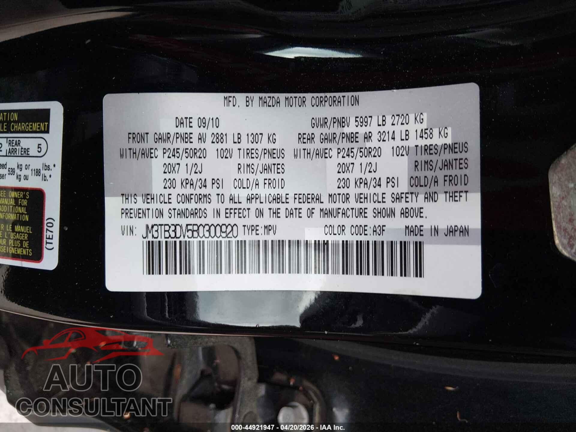 MAZDA CX-9 2011 - JM3TB3DV5B0300920