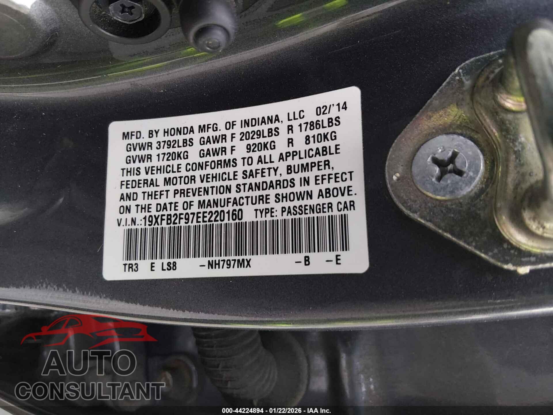 HONDA CIVIC 2014 - 19XFB2F97EE220160