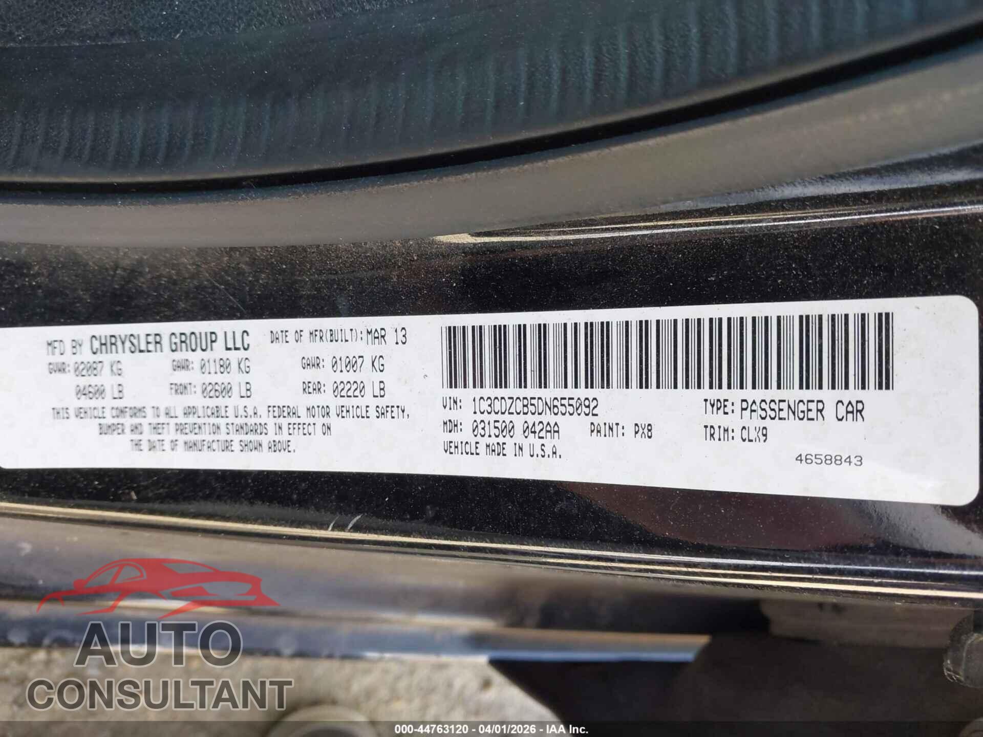 DODGE AVENGER 2013 - 1C3CDZCB5DN655092