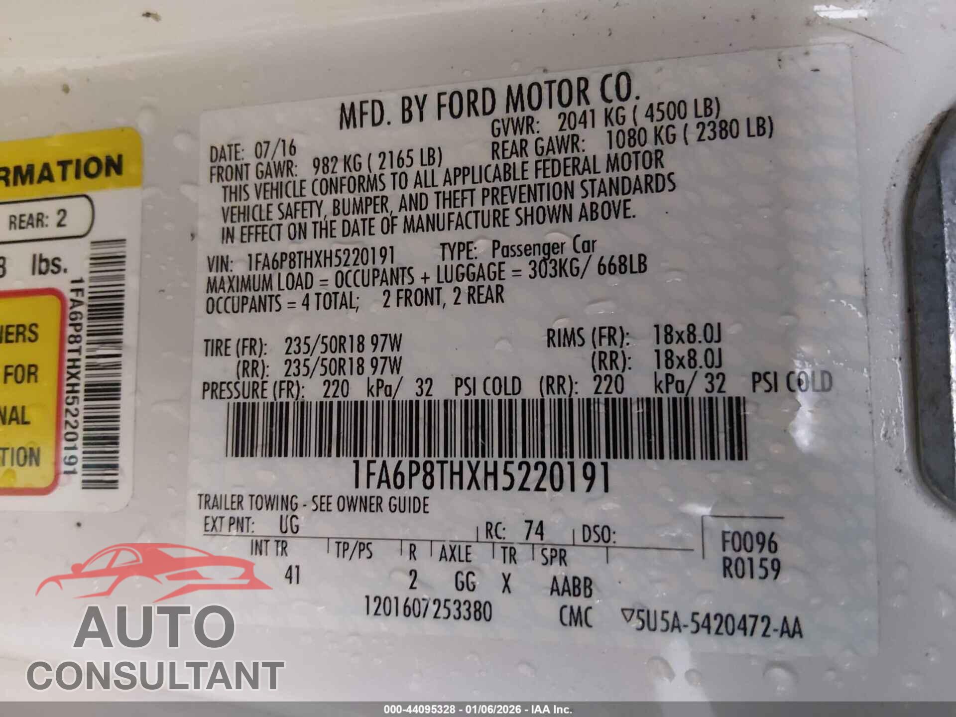 FORD MUSTANG 2017 - 1FA6P8THXH5220191