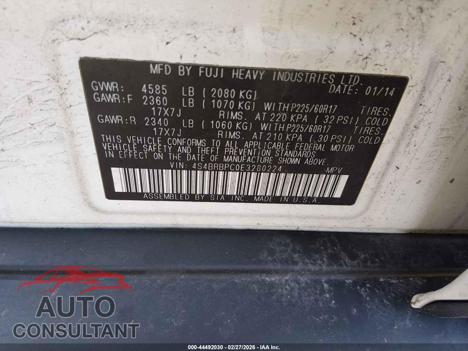 SUBARU OUTBACK 2014 - 4S4BRBPC0E3280224