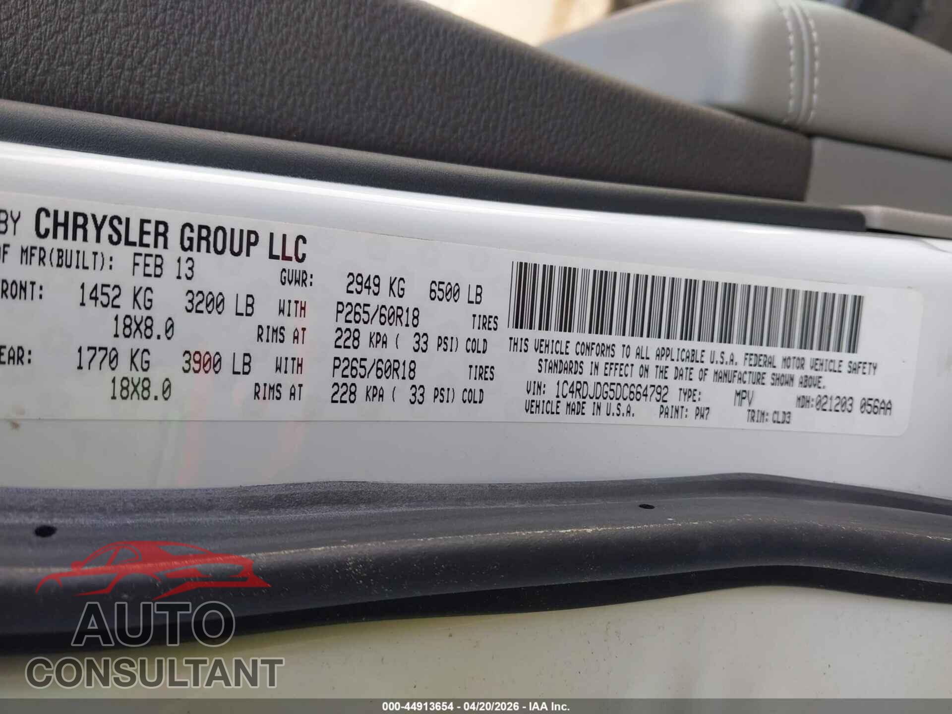DODGE DURANGO 2013 - 1C4RDJDG5DC664792