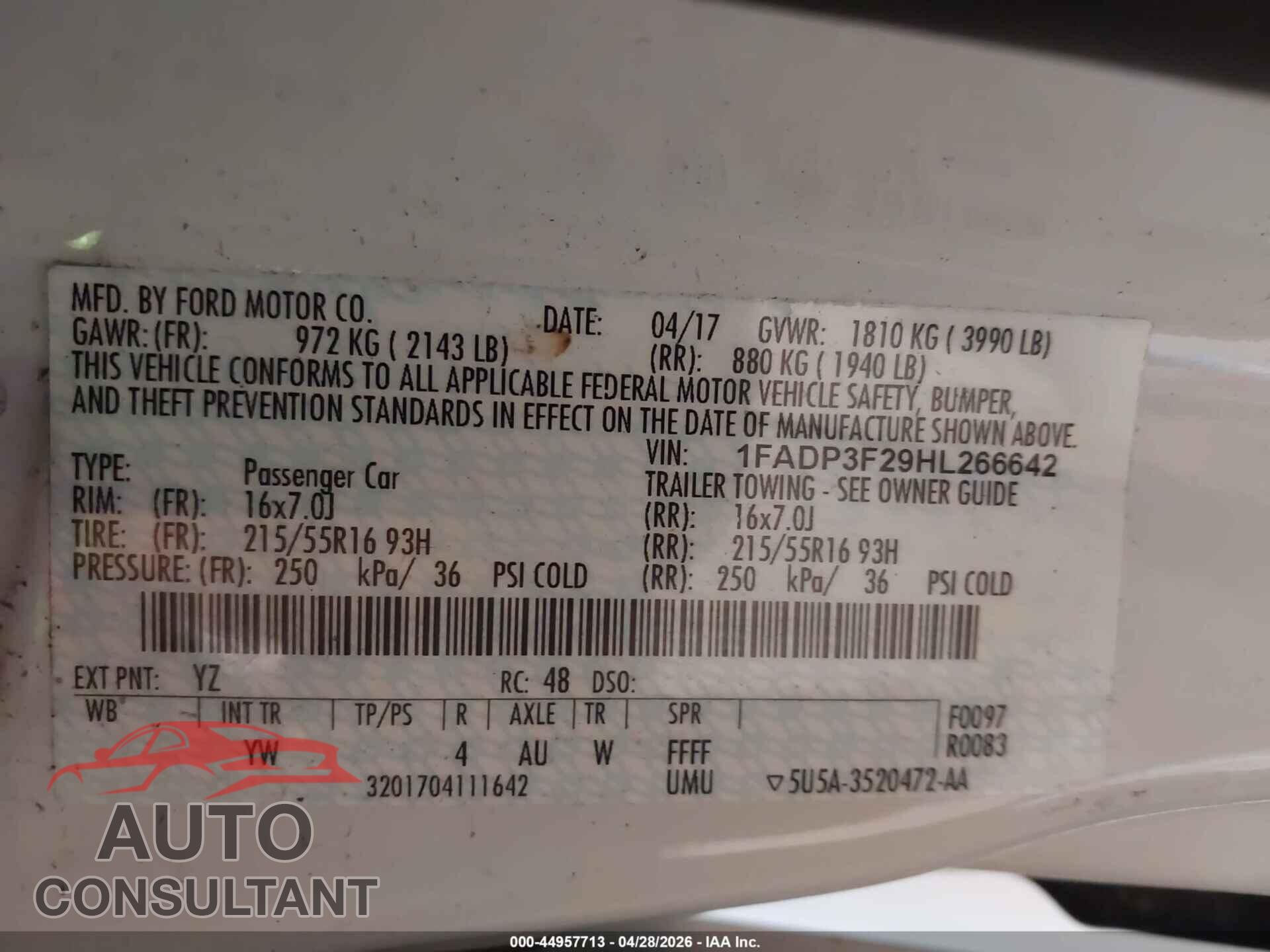 FORD FOCUS 2017 - 1FADP3F29HL266642