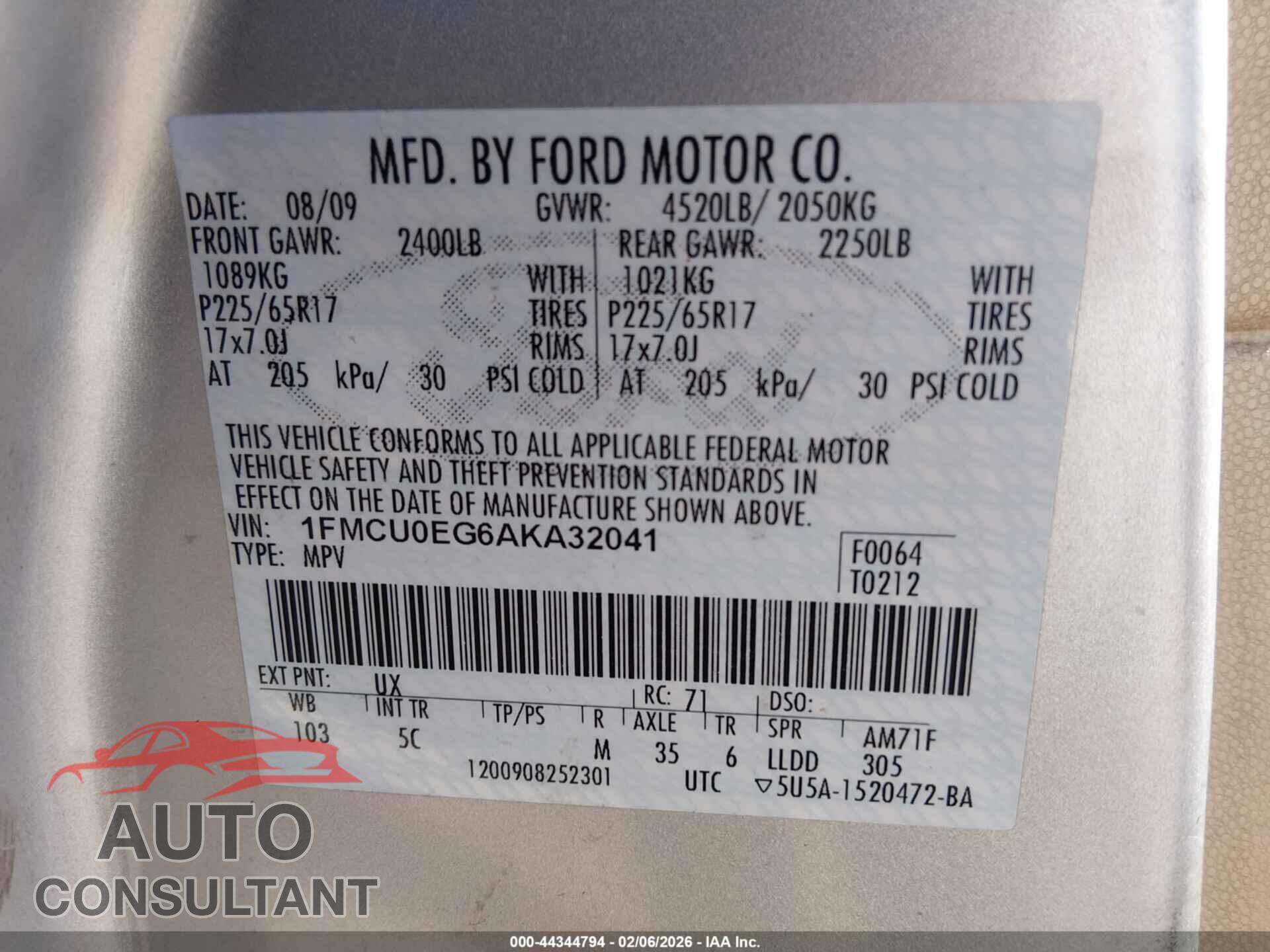 FORD ESCAPE 2010 - 1FMCU0EG6AKA32041