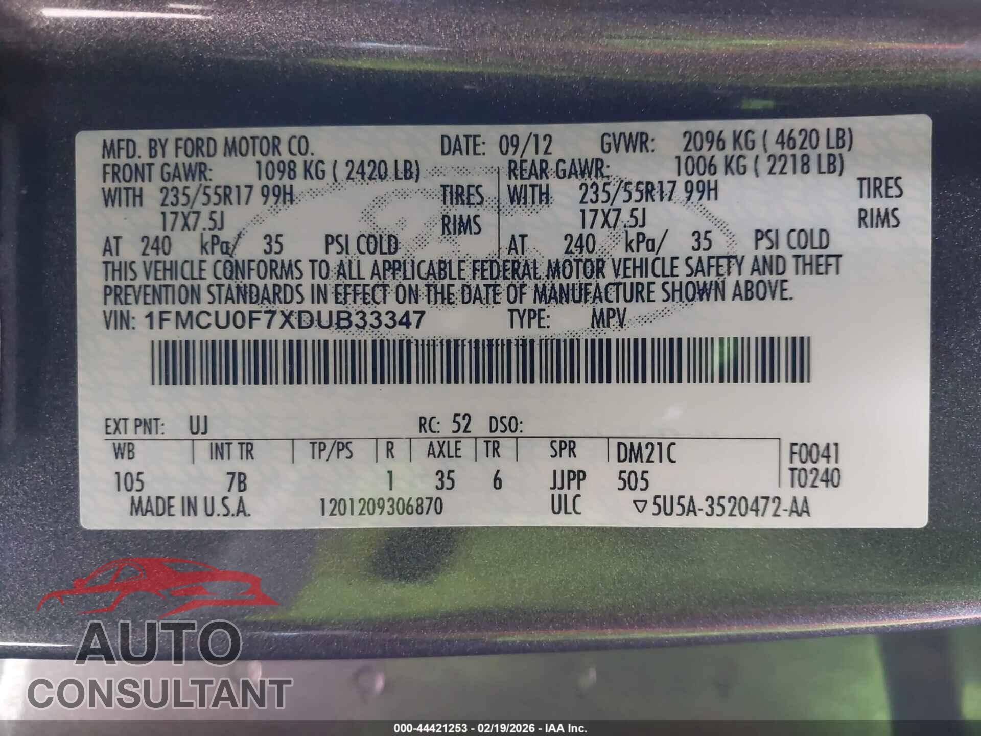FORD ESCAPE 2013 - 1FMCU0F7XDUB33347