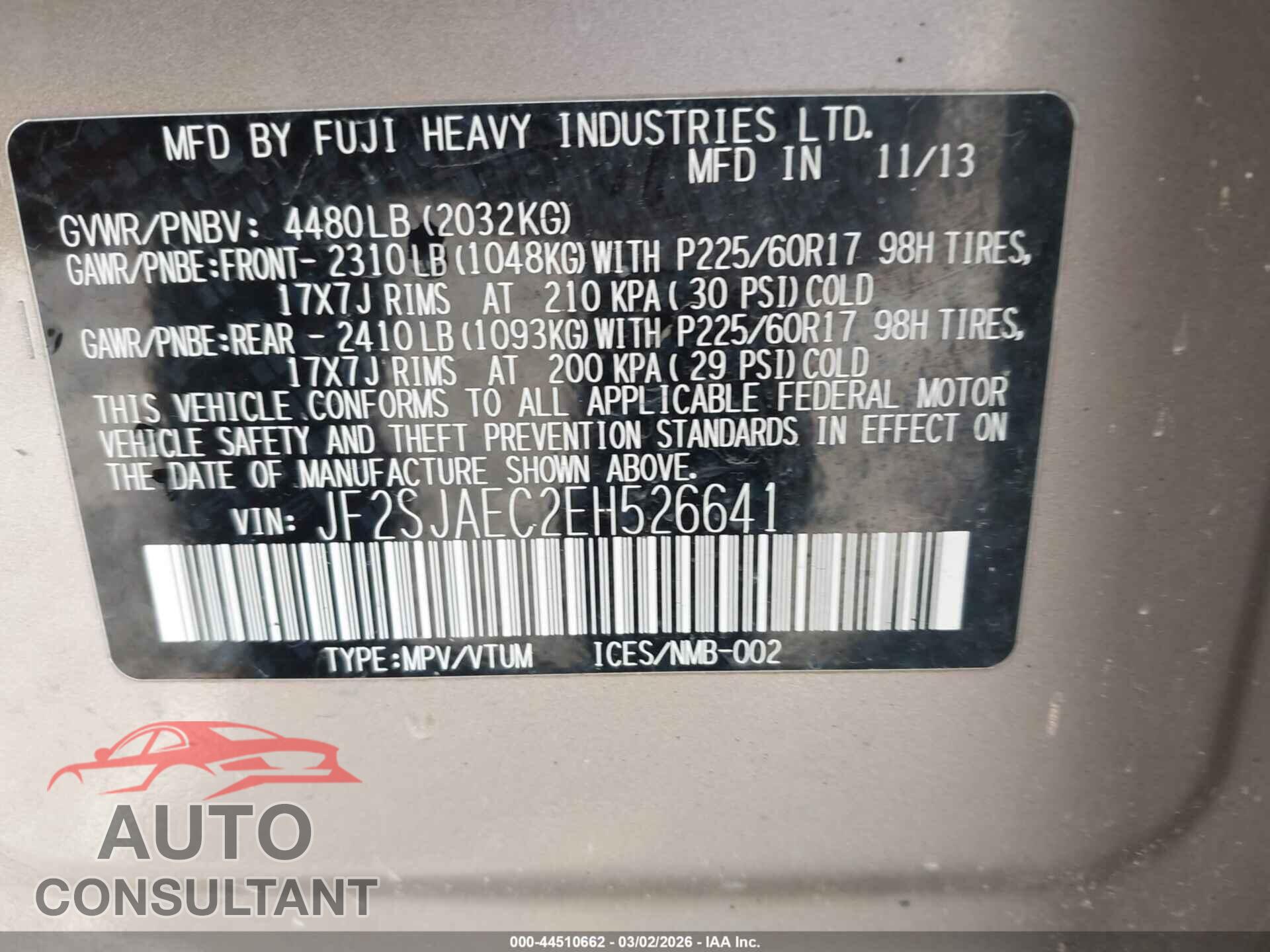 SUBARU FORESTER 2014 - JF2SJAEC2EH526641