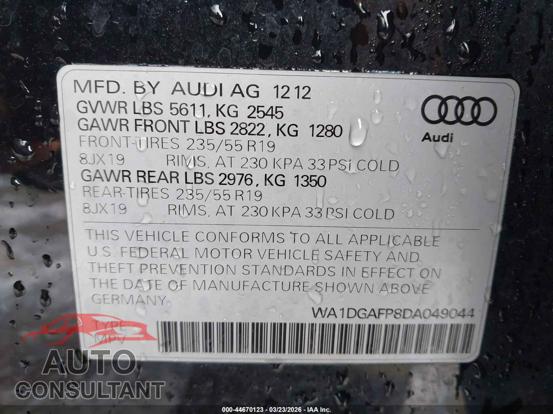 AUDI Q5 2013 - WA1DGAFP8DA049044