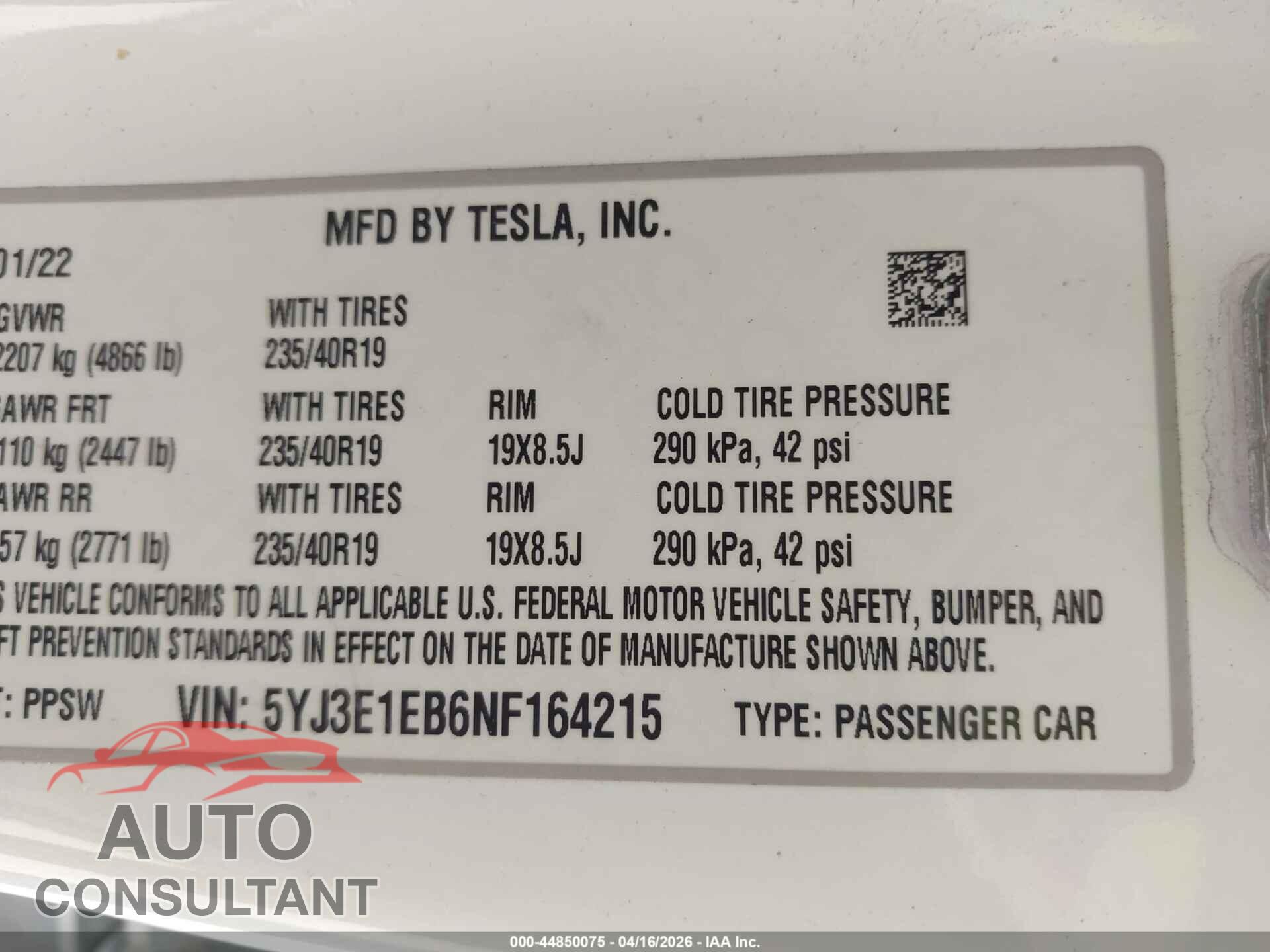 TESLA MODEL 3 2022 - 5YJ3E1EB6NF164215