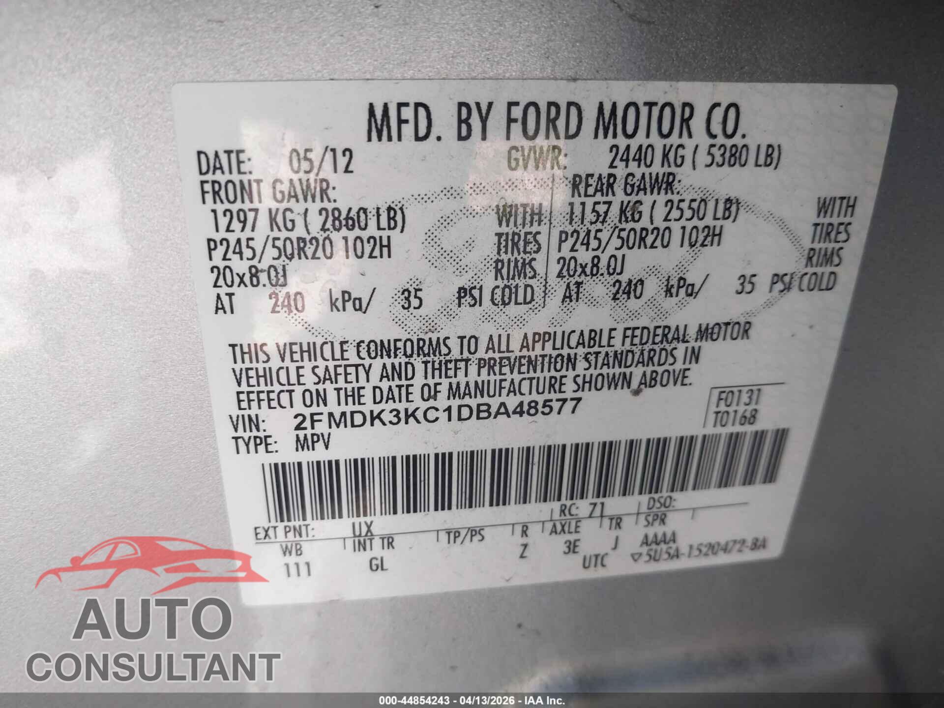 FORD EDGE 2013 - 2FMDK3KC1DBA48577