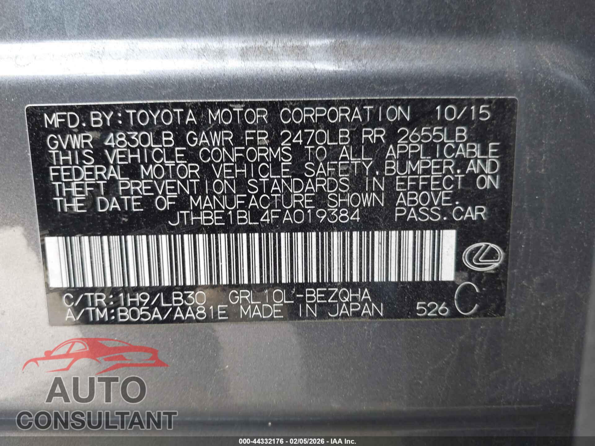 LEXUS GS 350 2015 - JTHBE1BL4FA019384