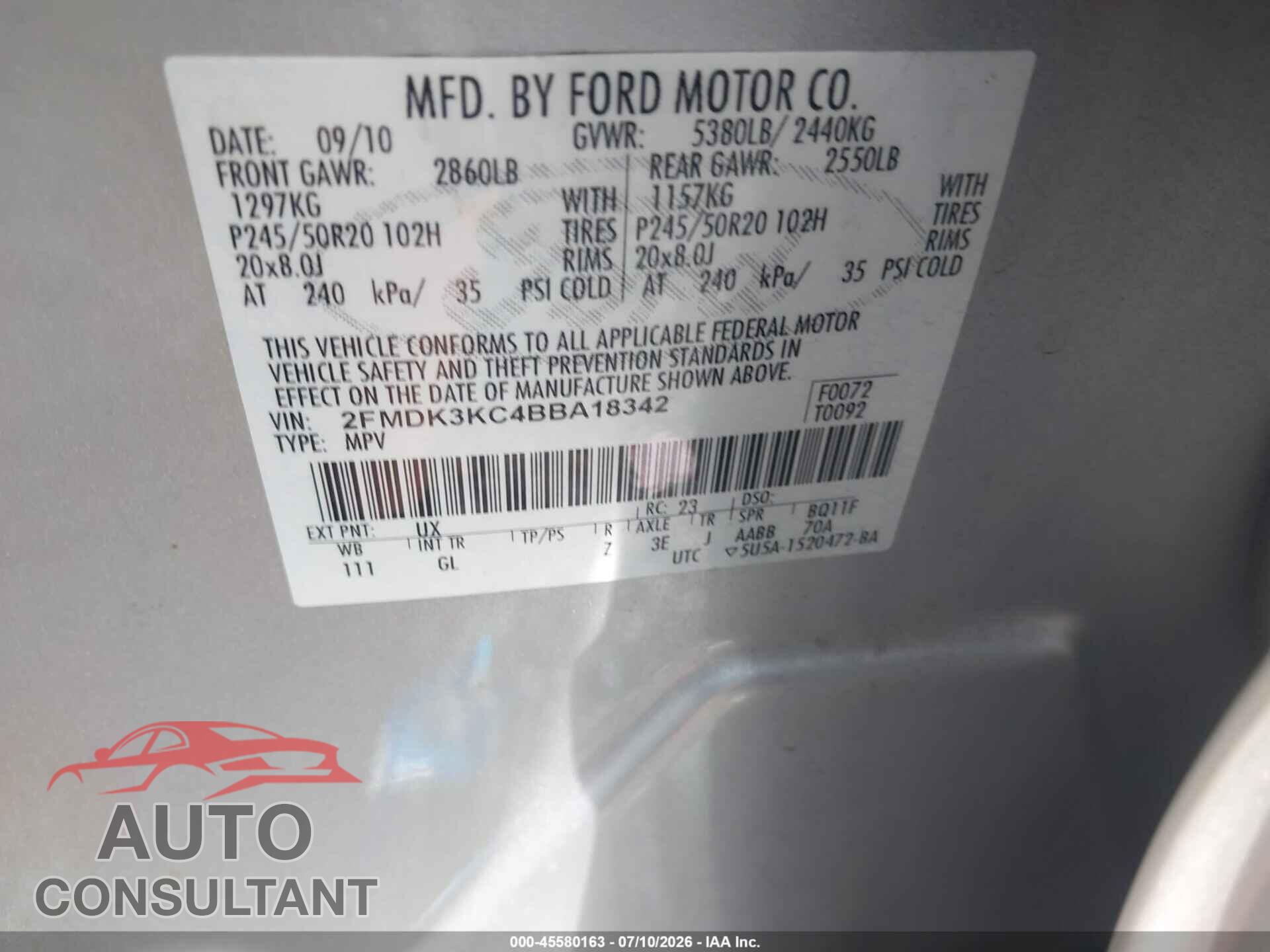 FORD EDGE 2011 - 2FMDK3KC4BBA18342