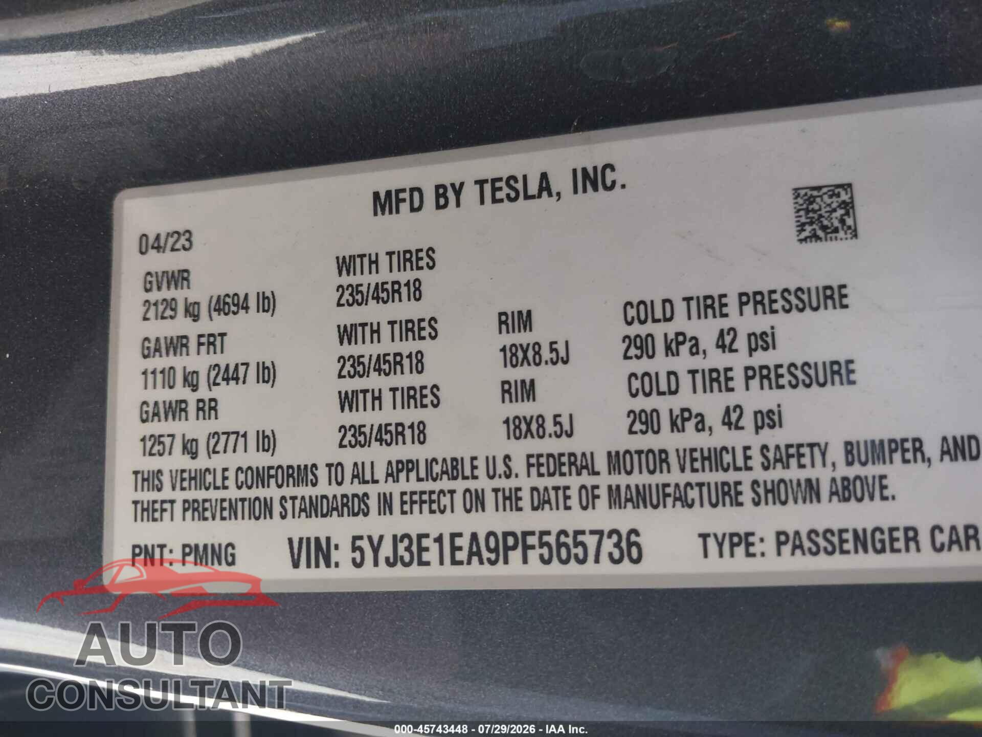 TESLA MODEL 3 2023 - 5YJ3E1EA9PF565736