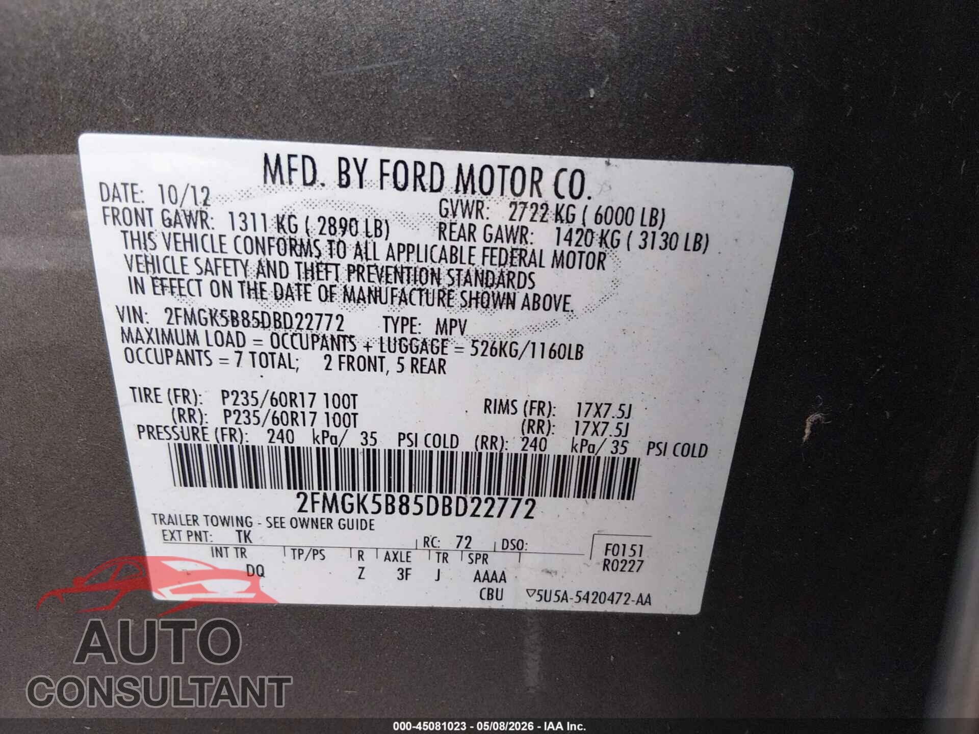 FORD FLEX 2013 - 2FMGK5B85DBD22772
