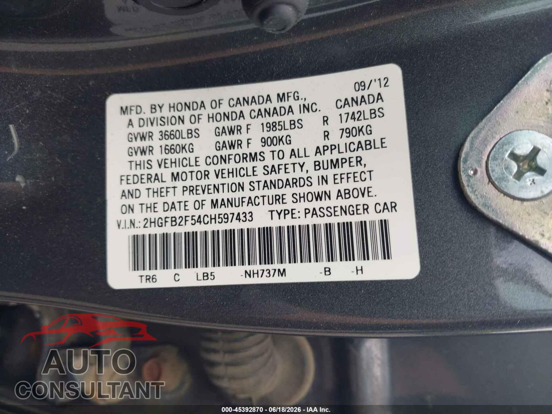 HONDA CIVIC 2012 - 2HGFB2F54CH597433