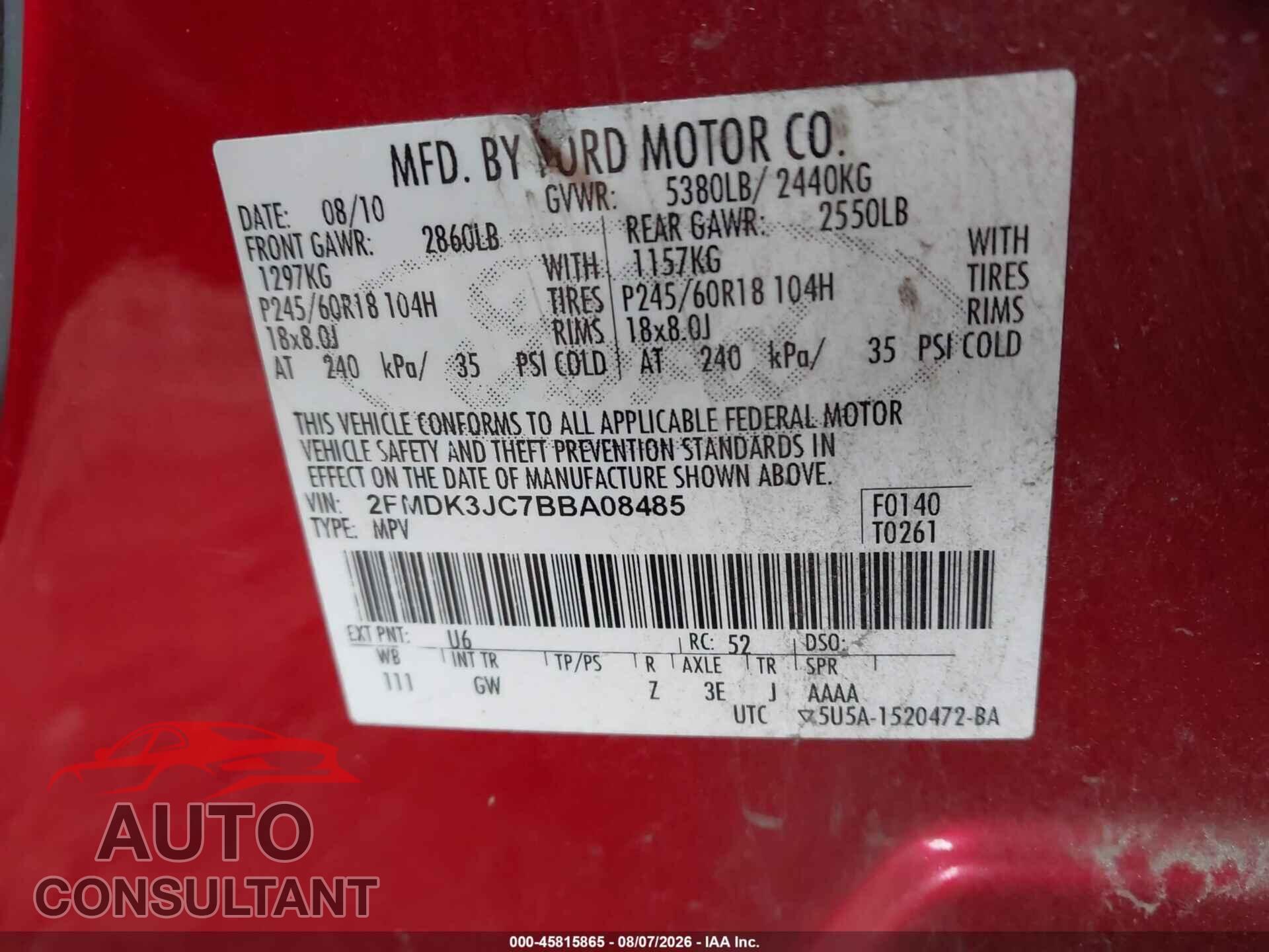 FORD EDGE 2011 - 2FMDK3JC7BBA08485