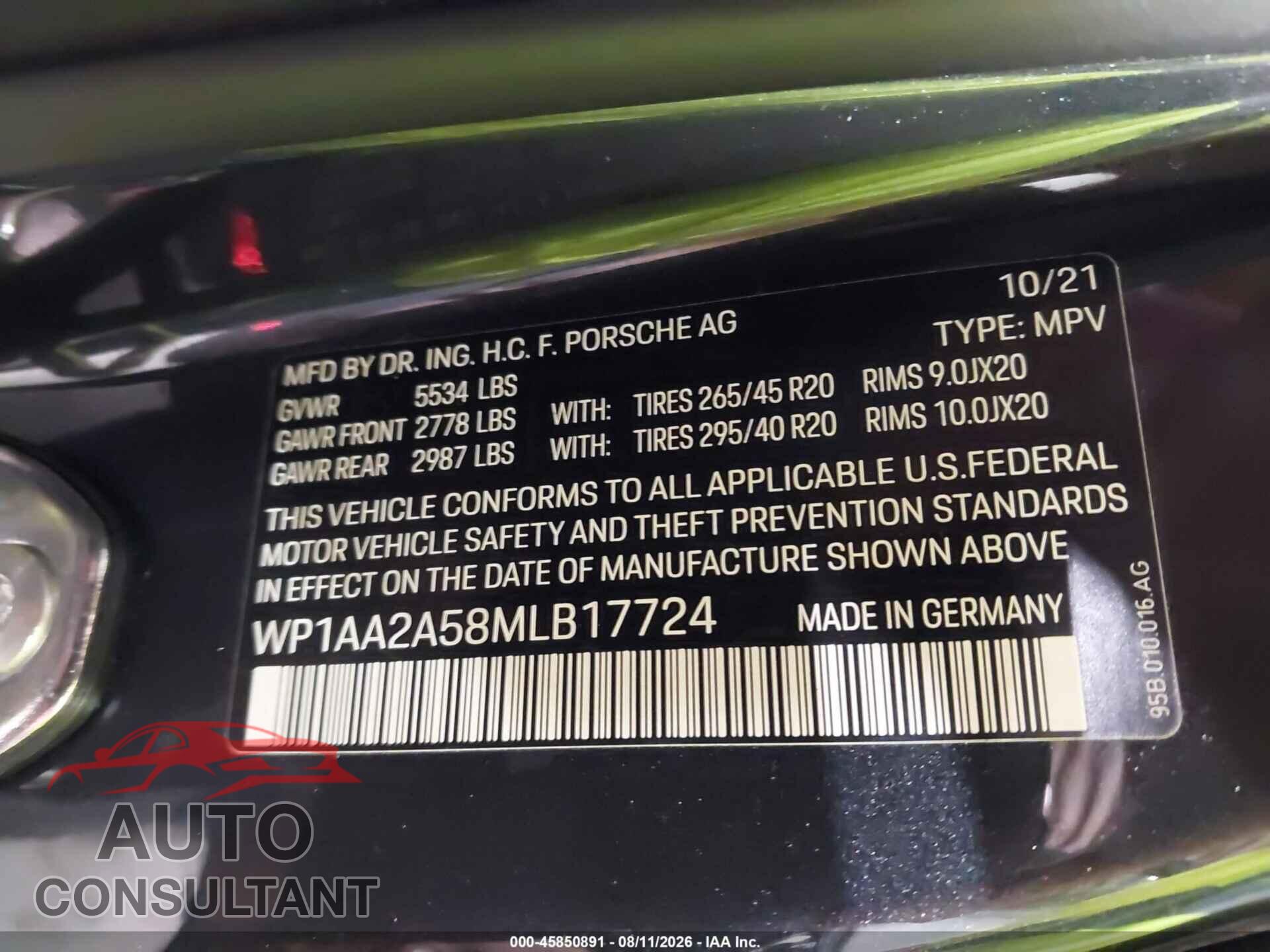 PORSCHE MACAN 2021 - WP1AA2A58MLB17724