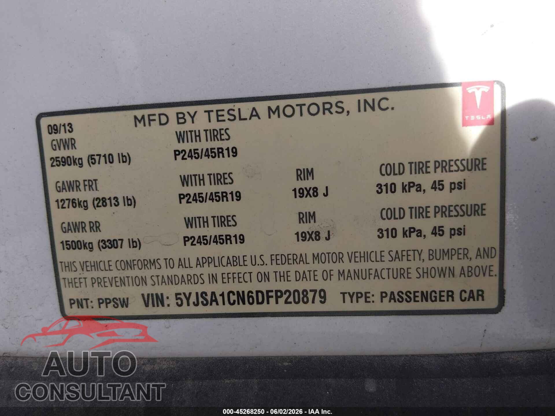 TESLA MODEL S 2013 - 5YJSA1CN6DFP20879