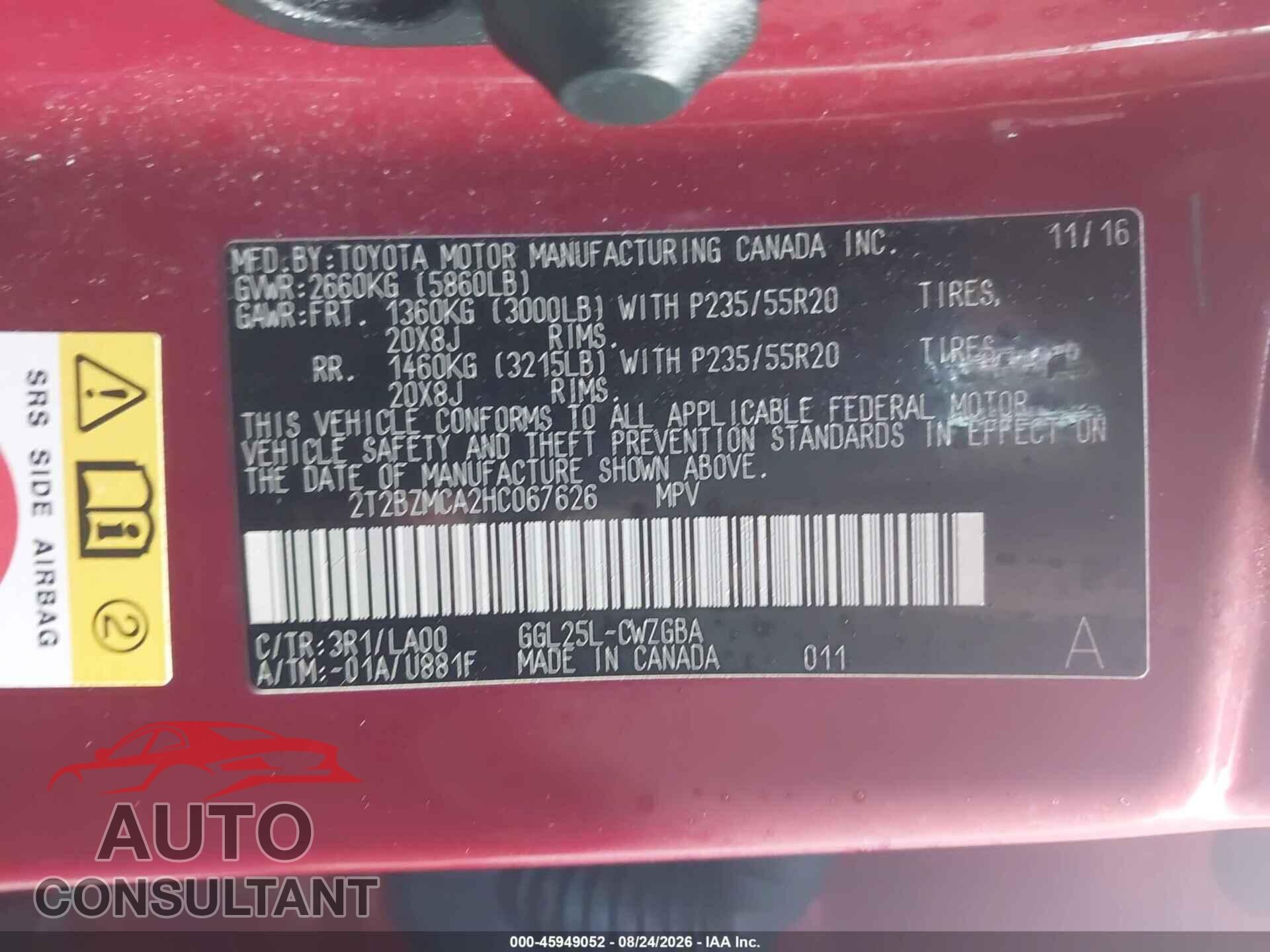 LEXUS RX 350 2017 - 2T2BZMCA2HC067626