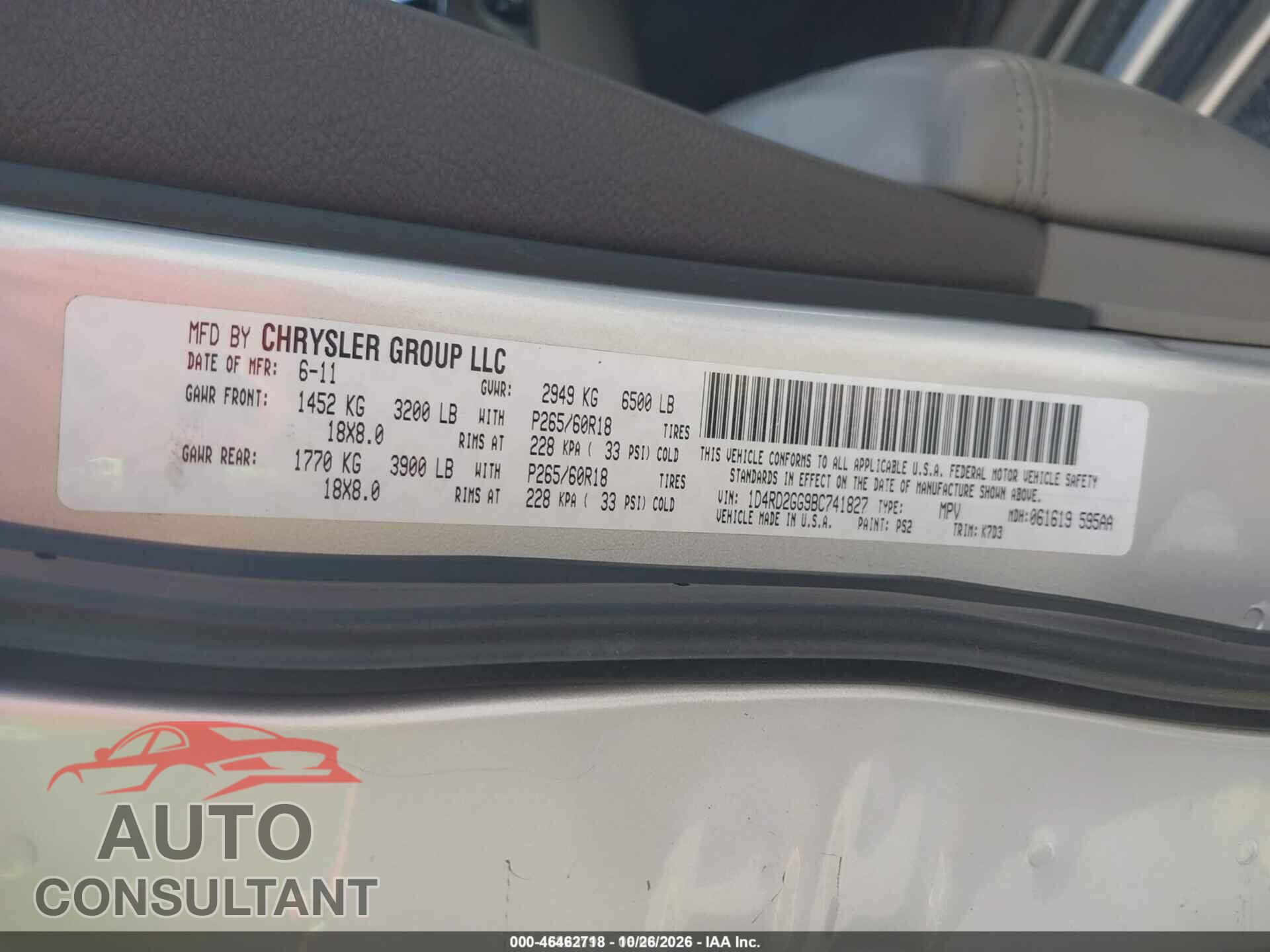 DODGE DURANGO 2011 - 1D4RD2GG9BC741827