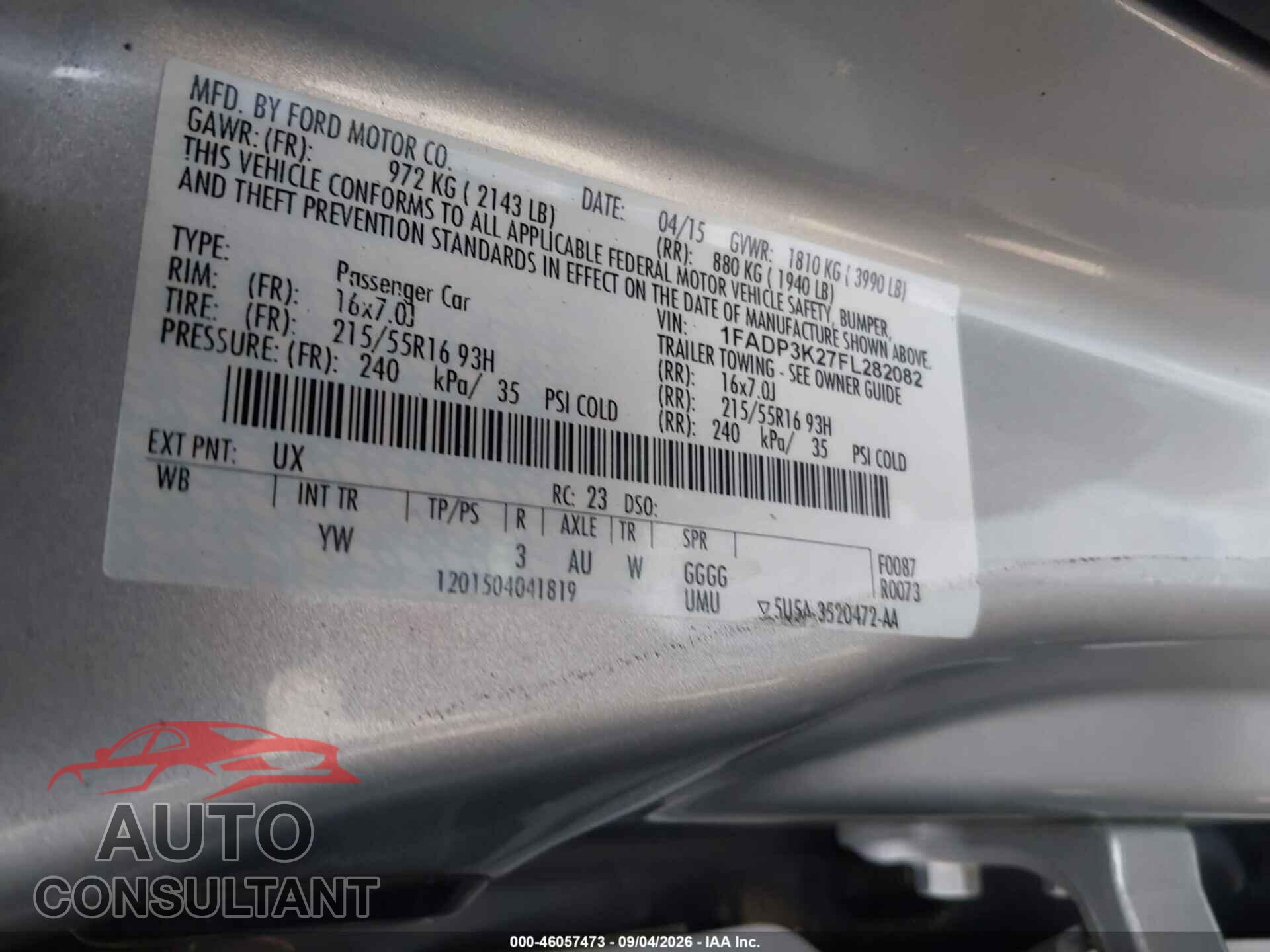 FORD FOCUS 2015 - 1FADP3K27FL282082