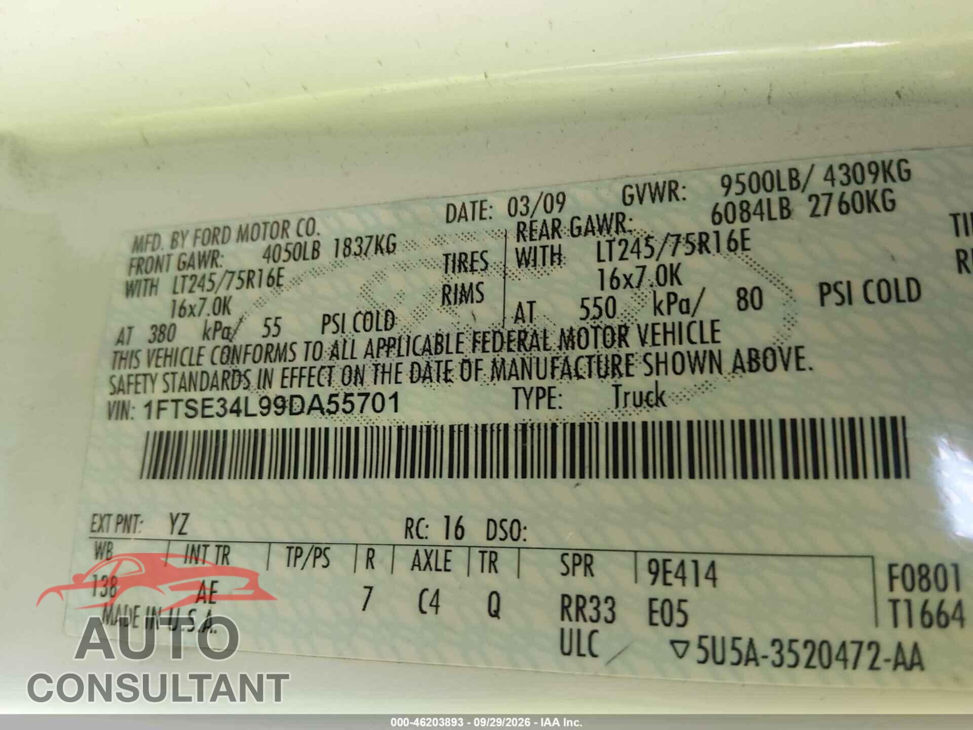 FORD ECONOLINE 2009 - 1FTSE34L99DA55701