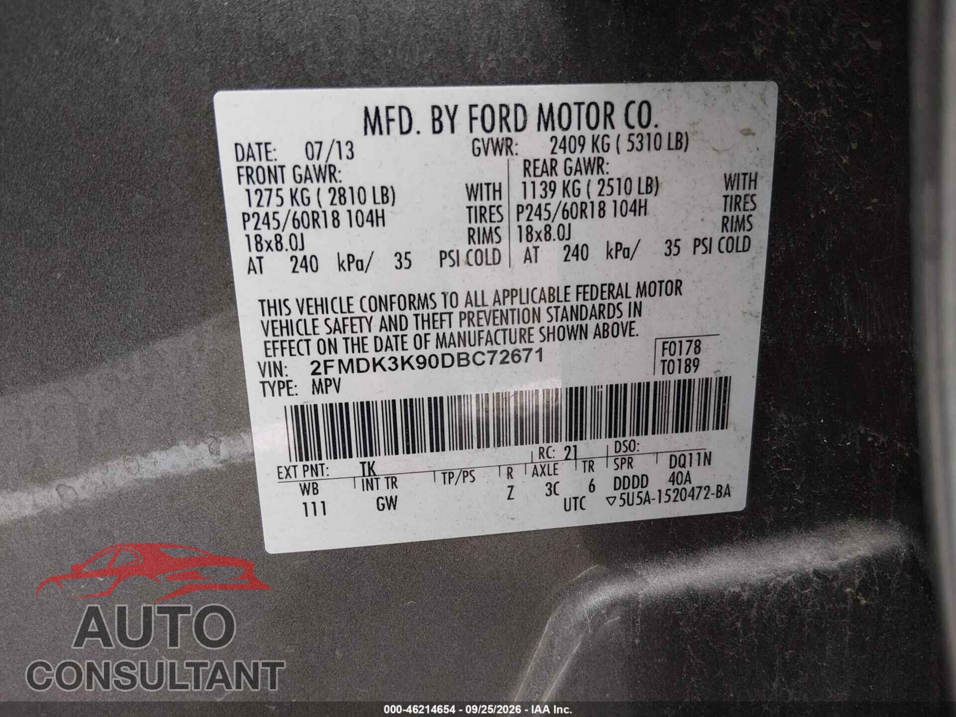 FORD EDGE 2013 - 2FMDK3K90DBC72671