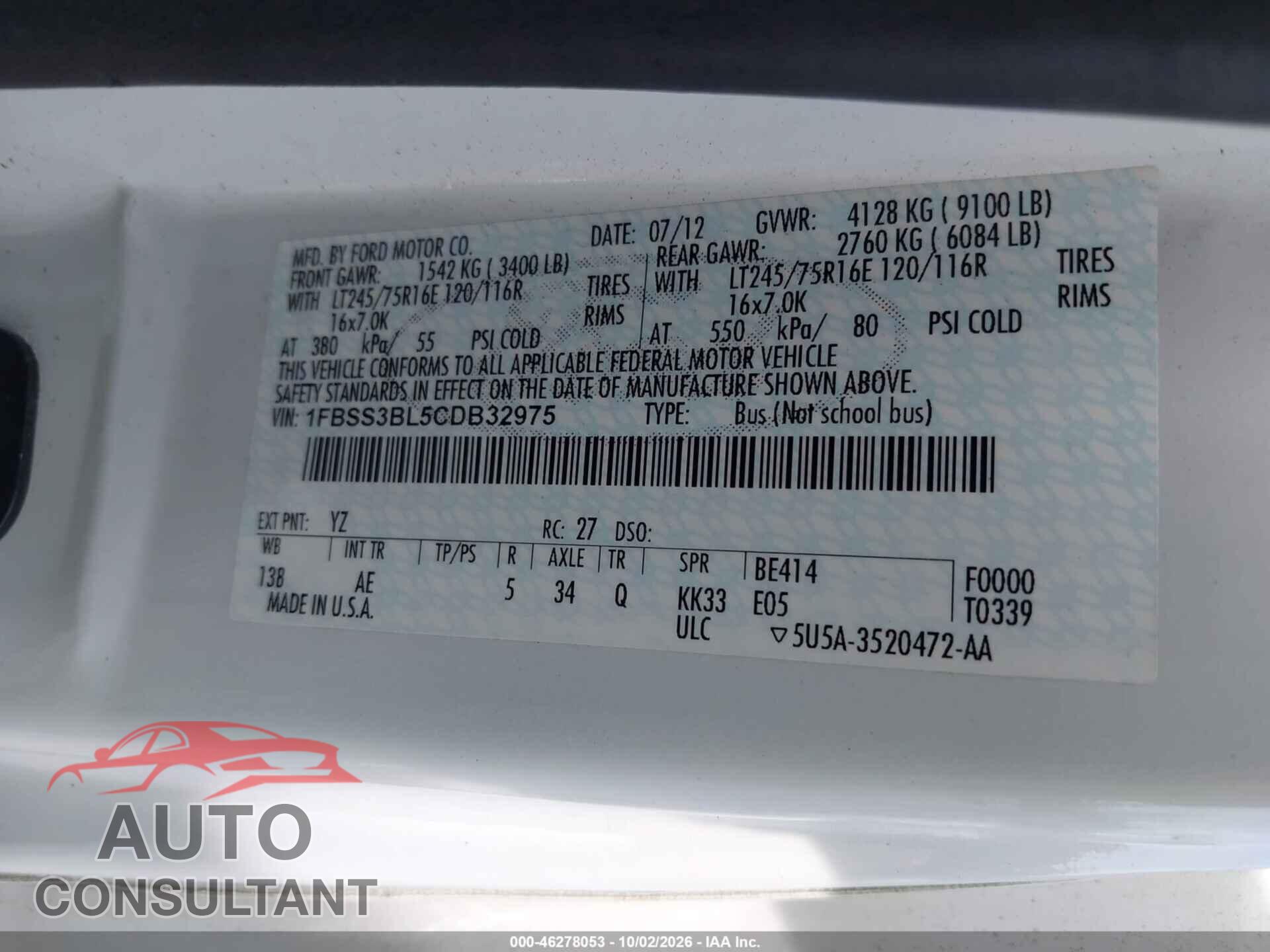 FORD E-350 SUPER DUTY 2012 - 1FBSS3BL5CDB32975