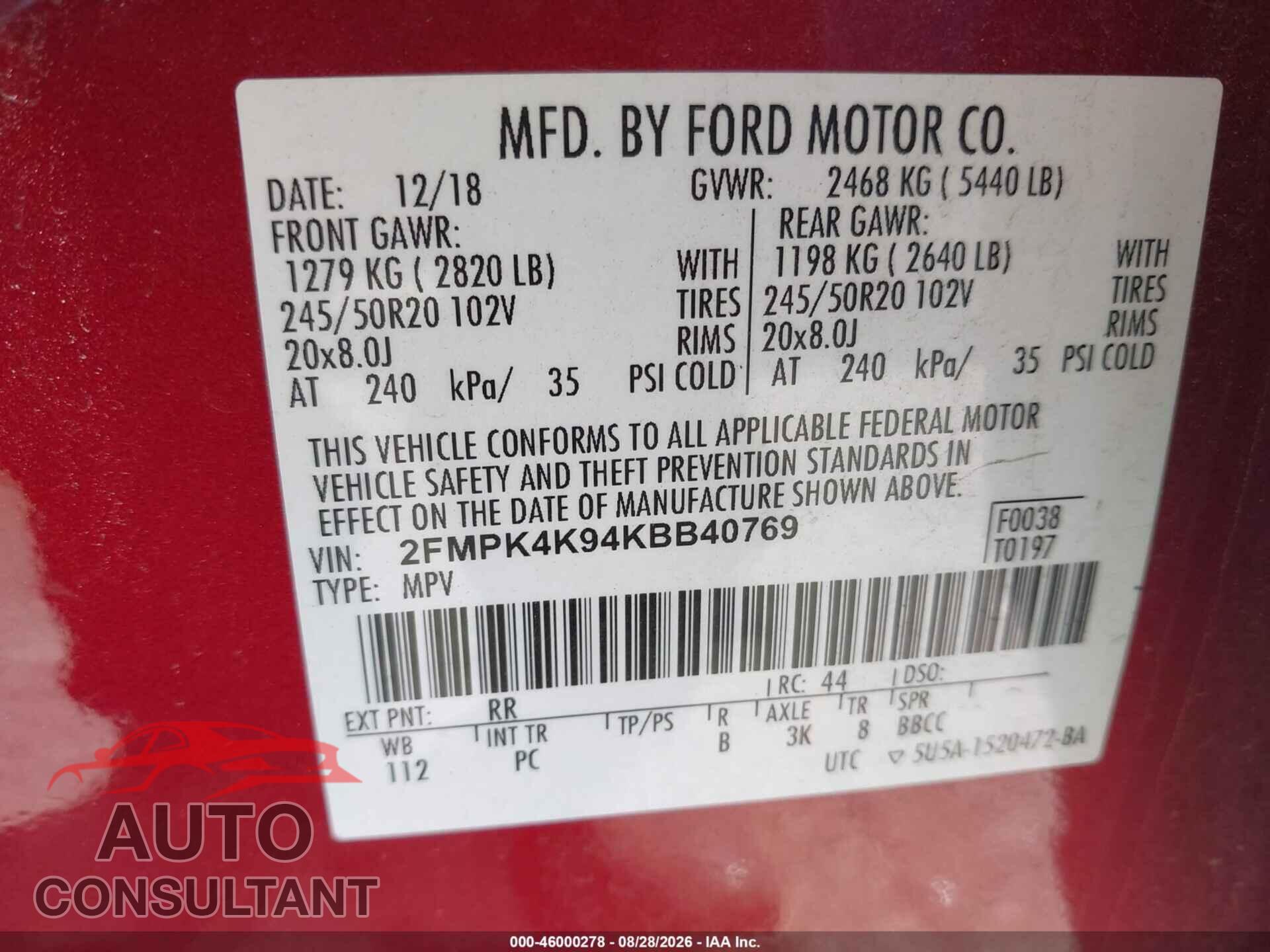 FORD EDGE 2019 - 2FMPK4K94KBB40769