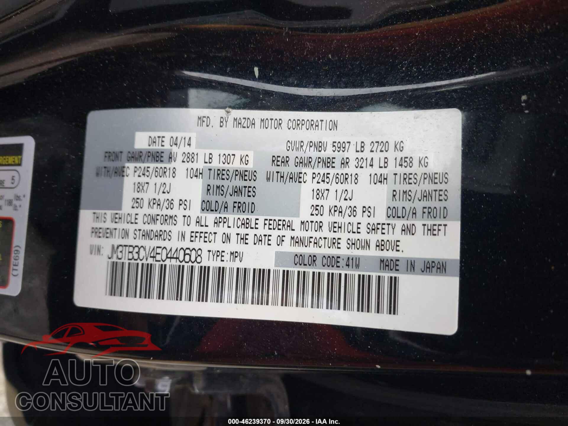 MAZDA CX-9 2014 - JM3TB3CV4E0440608