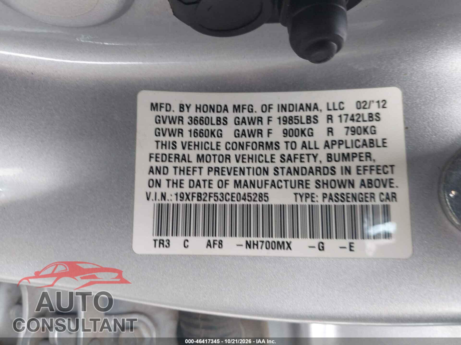 HONDA CIVIC 2012 - 19XFB2F53CE045285