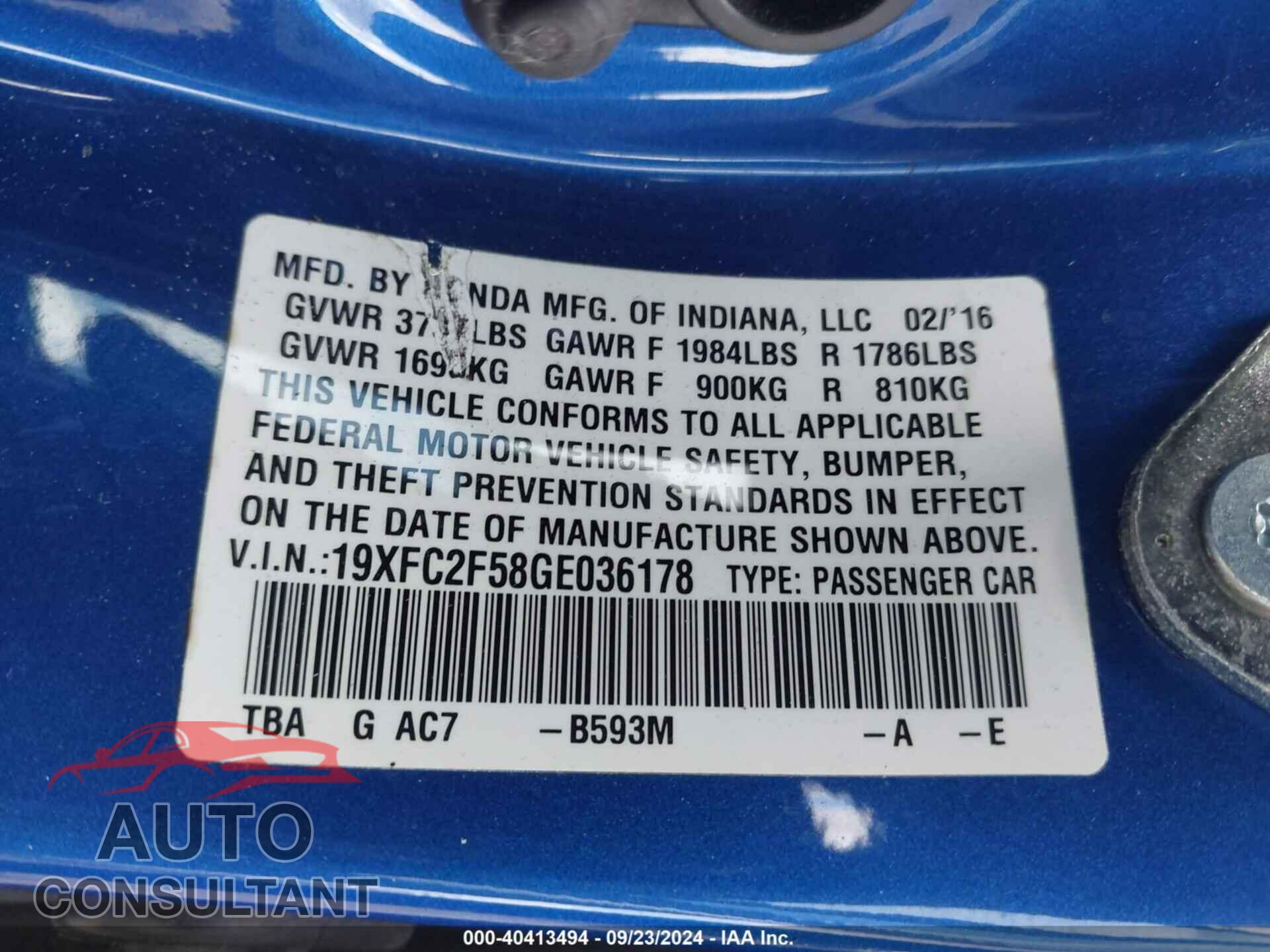 HONDA CIVIC 2016 - 19XFC2F58GE036178