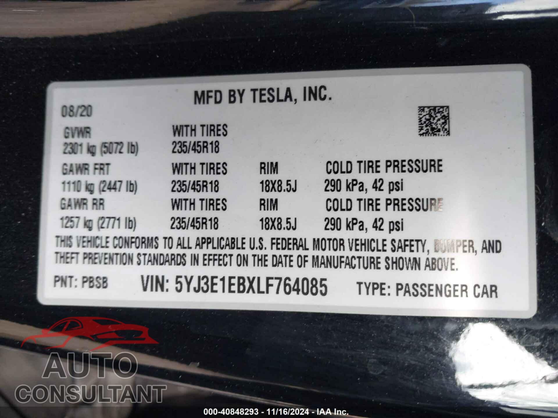 TESLA MODEL 3 2020 - 5YJ3E1EBXLF764085