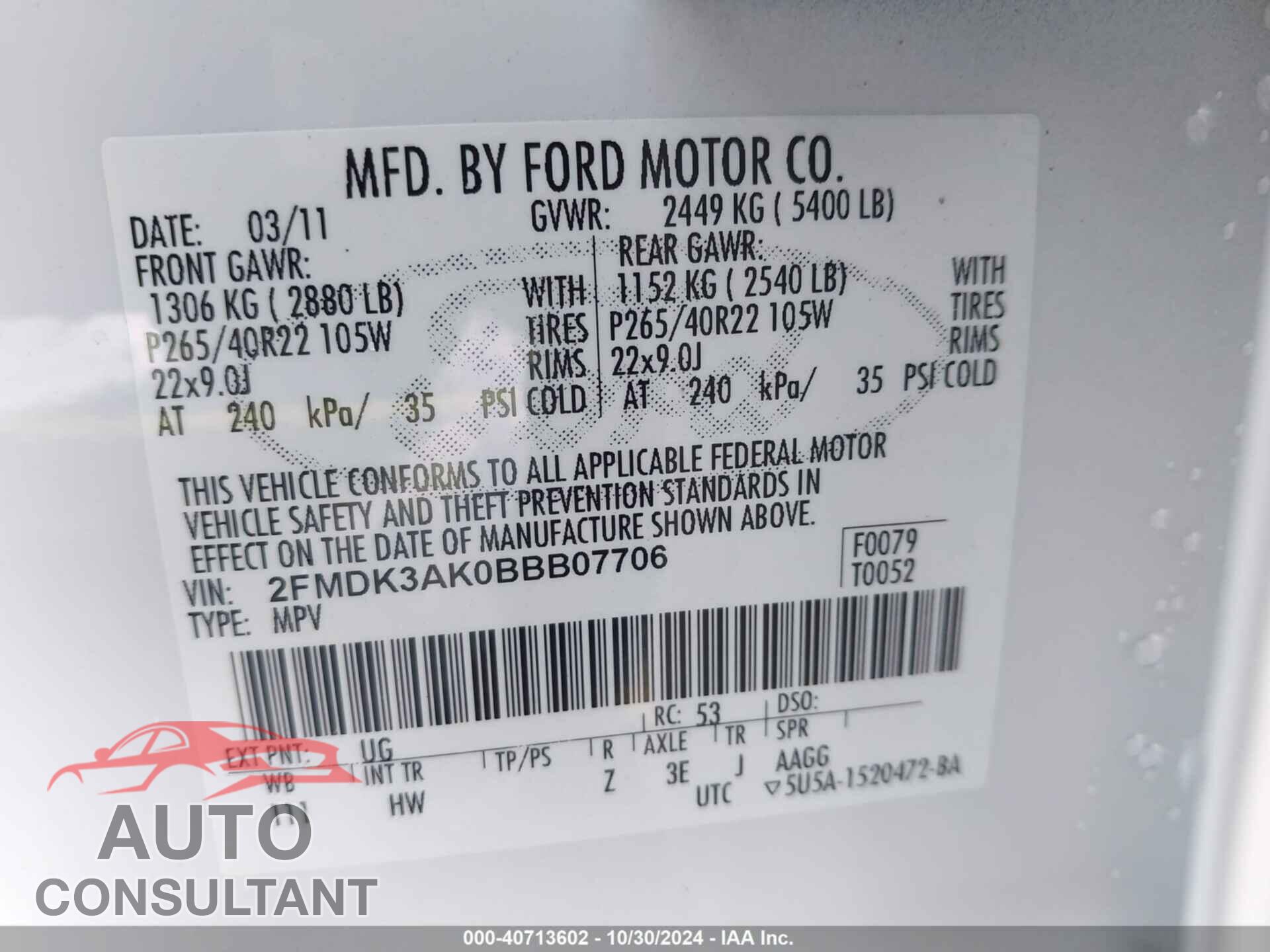 FORD EDGE 2011 - 2FMDK3AK0BBB07706