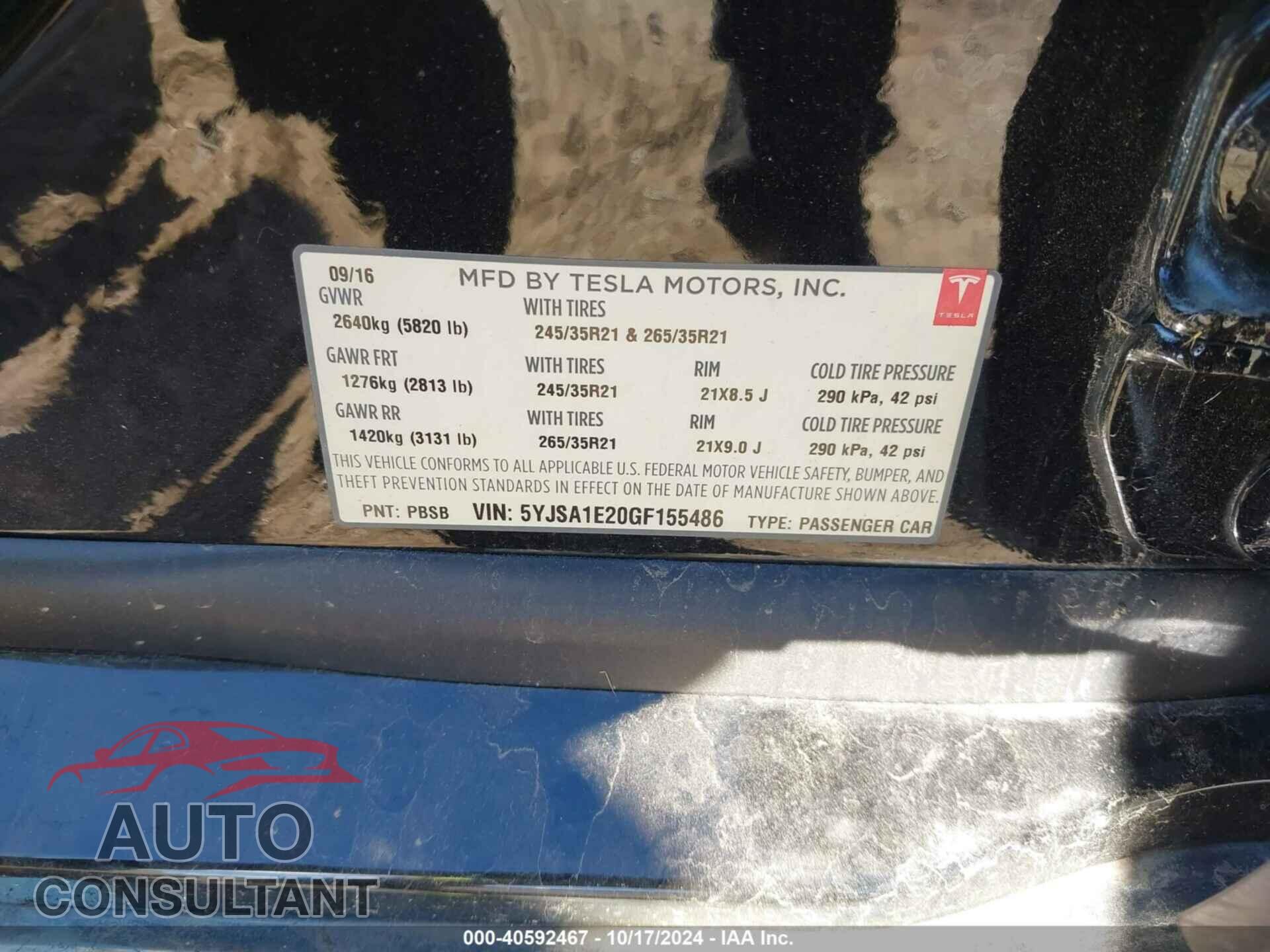 TESLA MODEL S 2016 - 5YJSA1E20GF155486