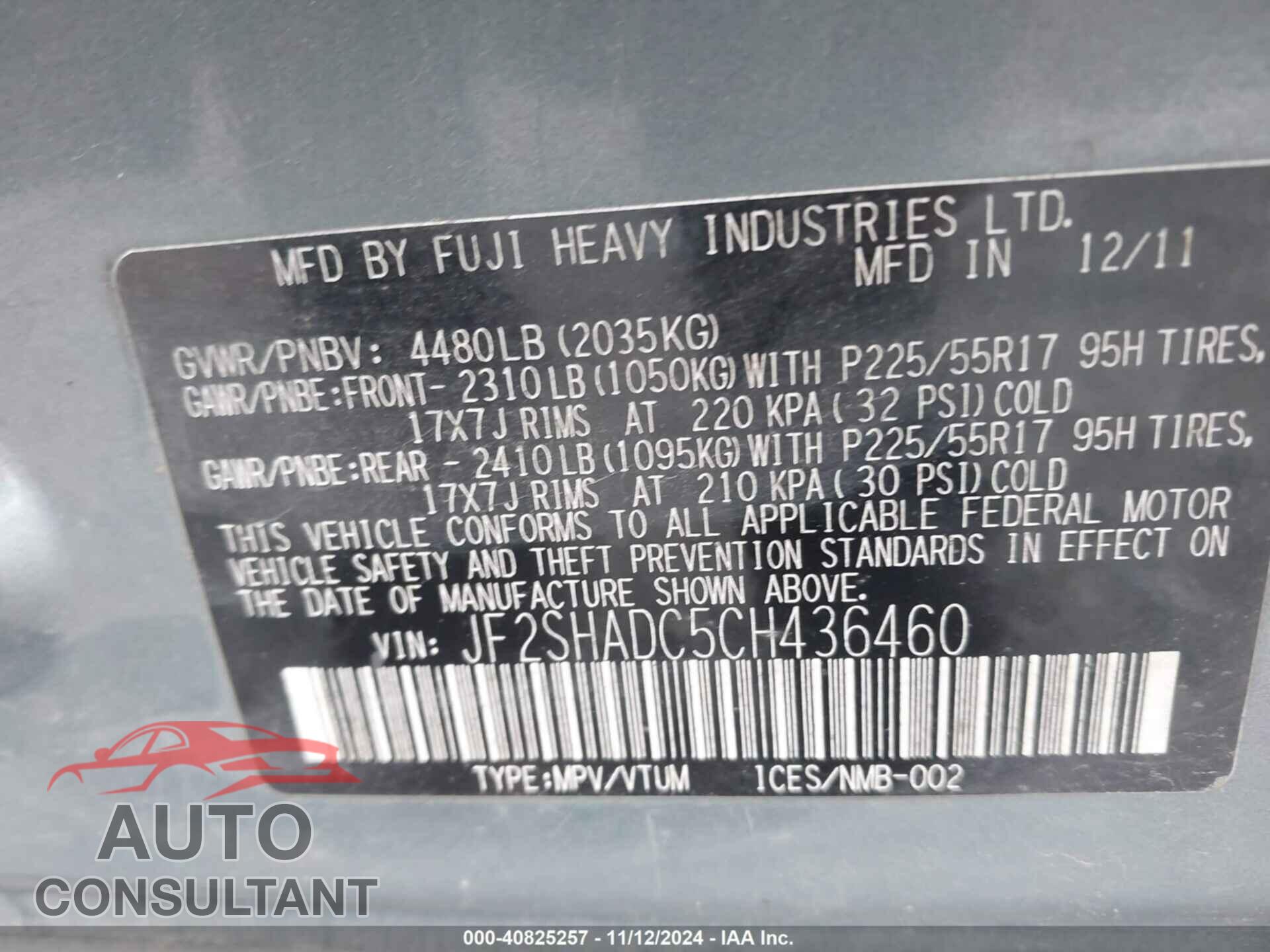 SUBARU FORESTER 2012 - JF2SHADC5CH436460