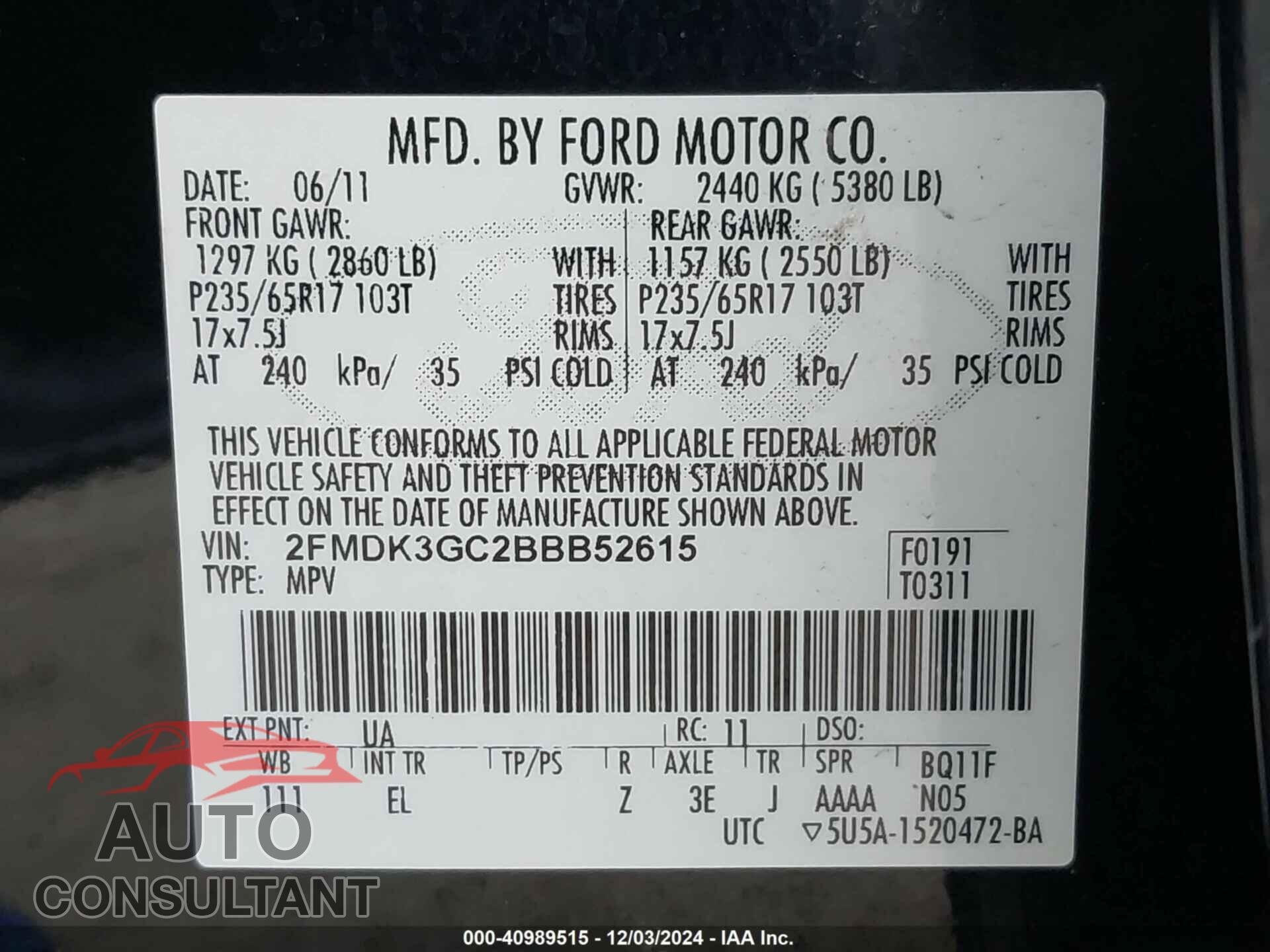 FORD EDGE 2011 - 2FMDK3GC2BBB52615