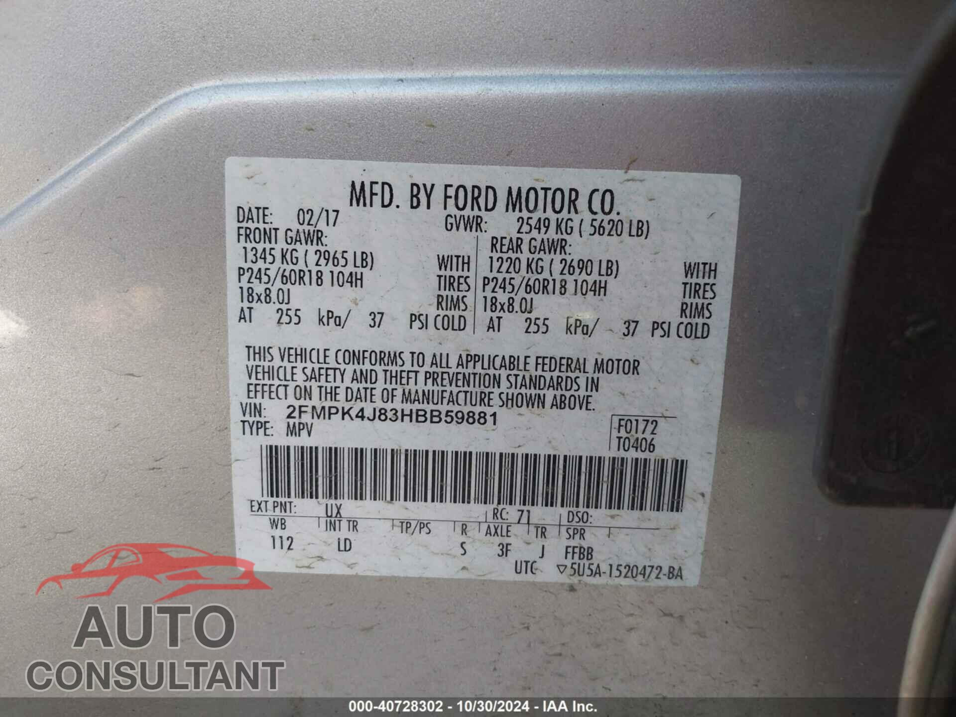 FORD EDGE 2017 - 2FMPK4J83HBB59881