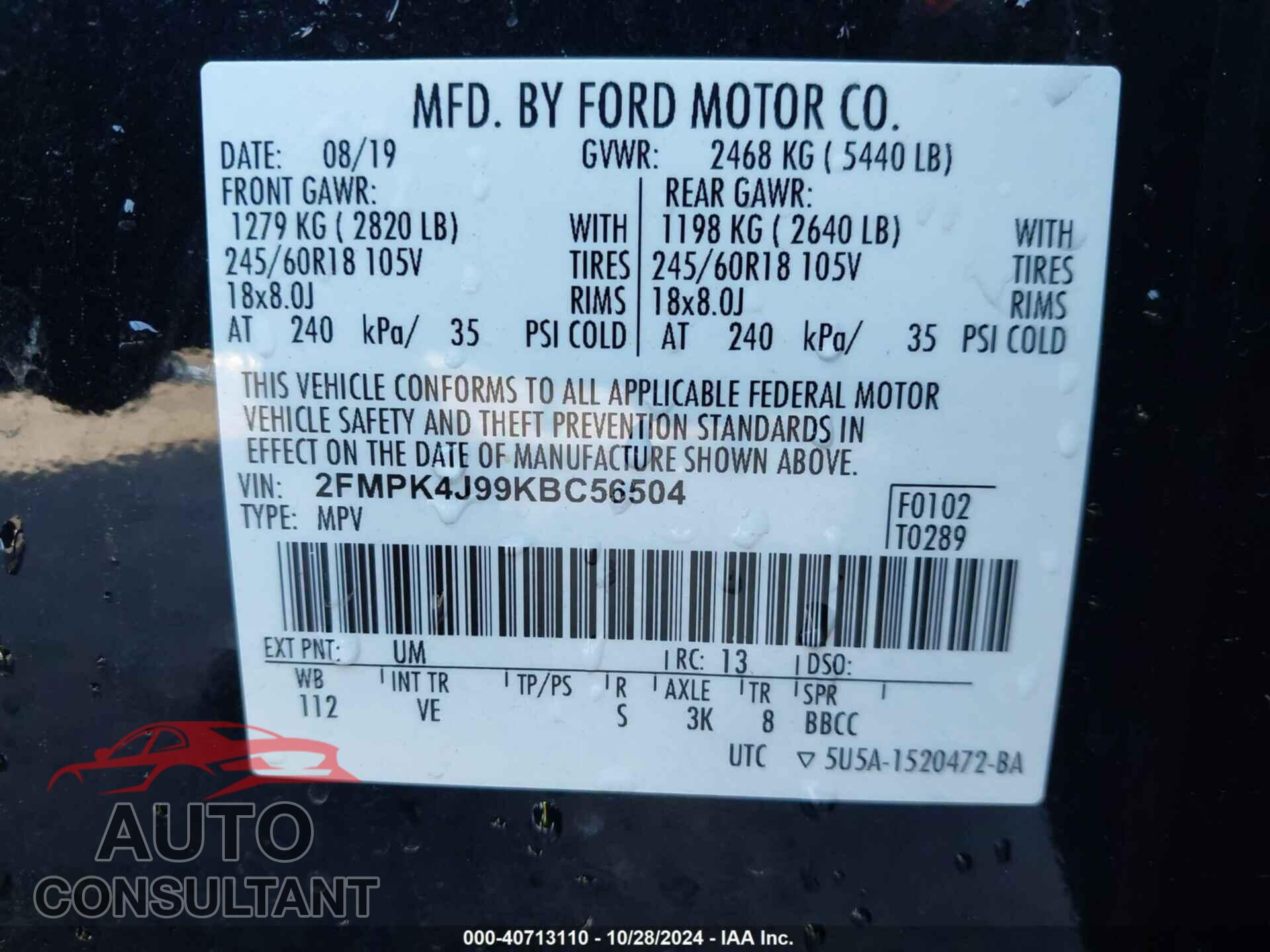 FORD EDGE 2019 - 2FMPK4J99KBC56504