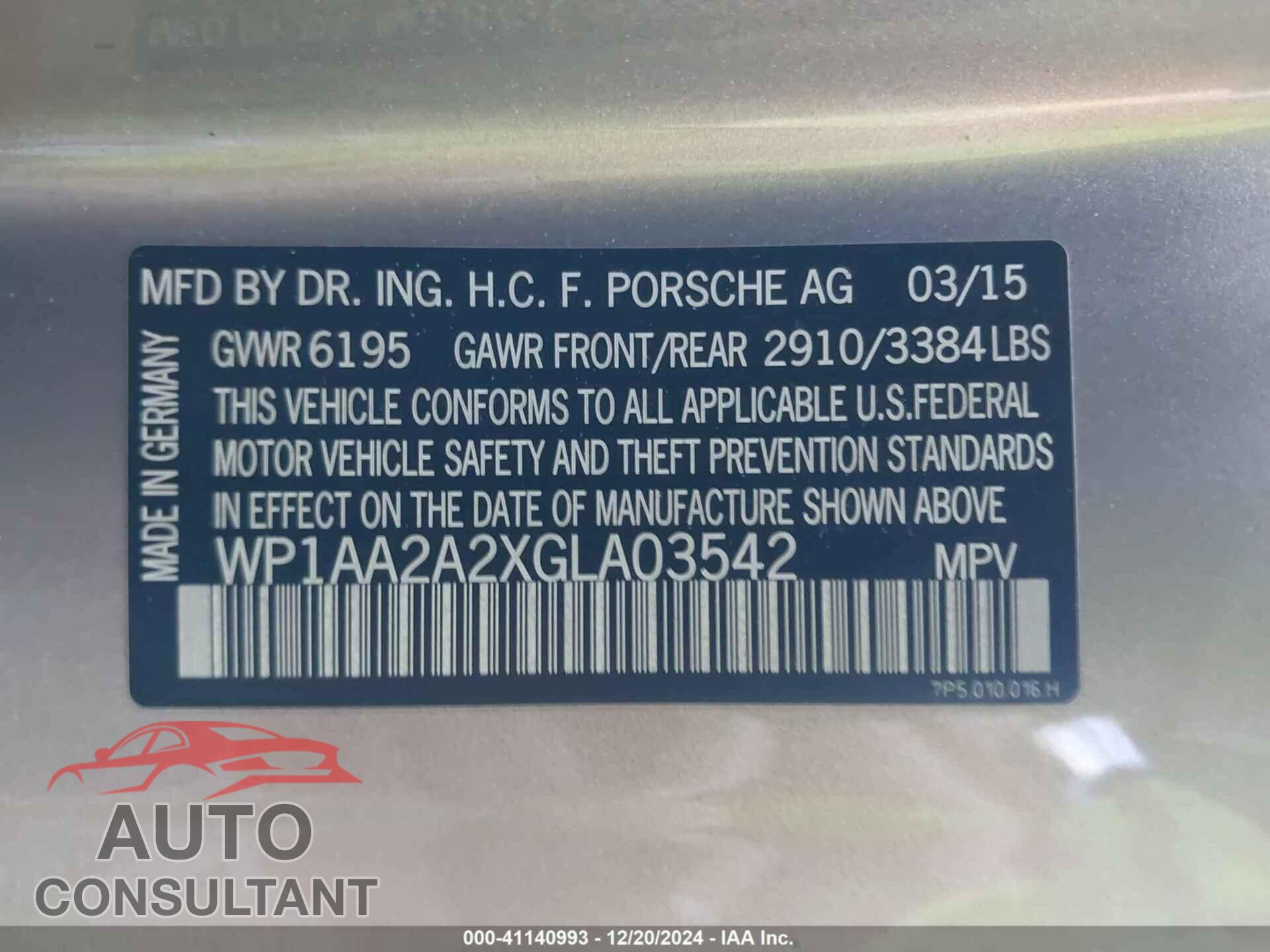 PORSCHE CAYENNE 2016 - WP1AA2A2XGLA03542