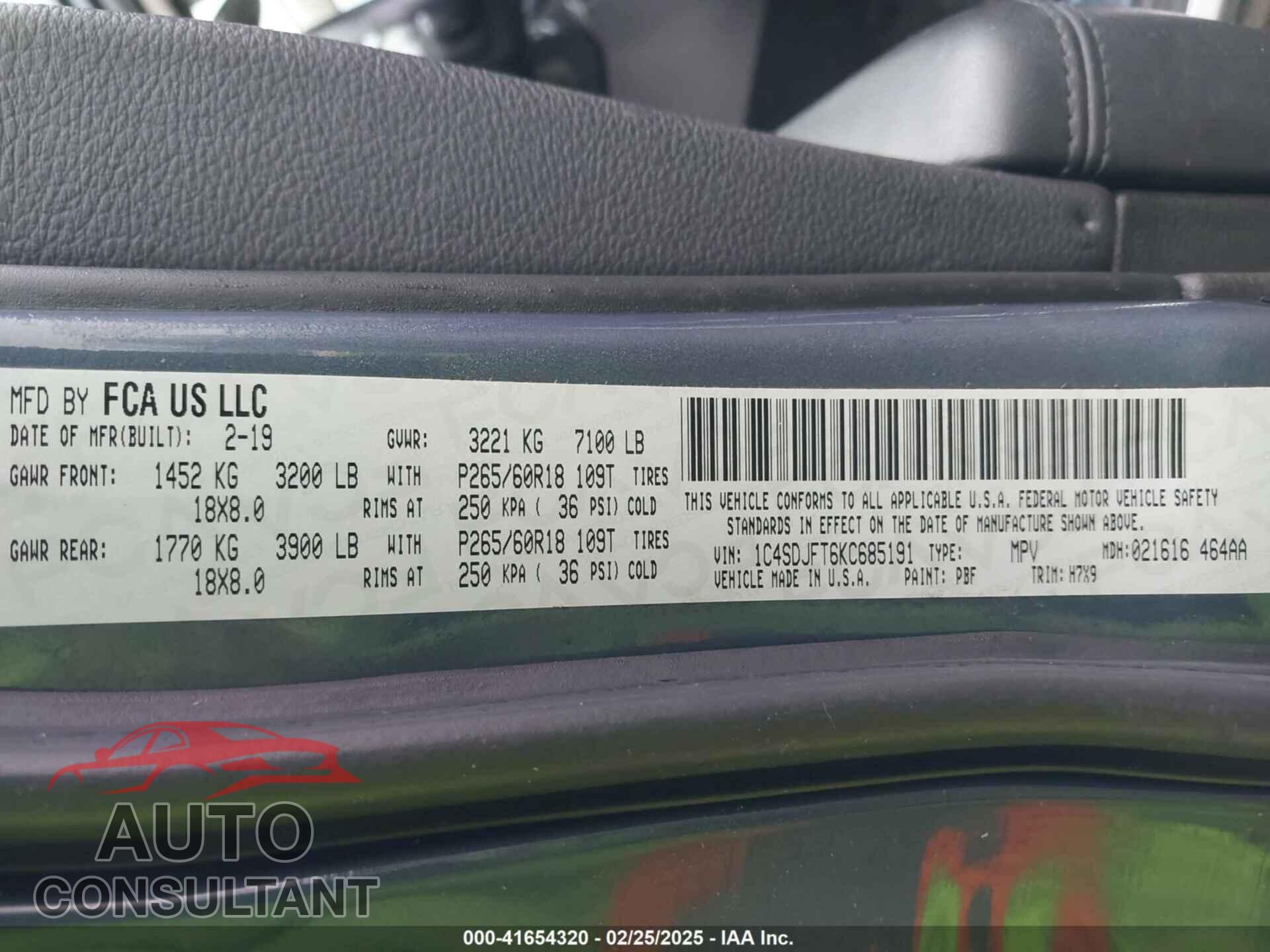 DODGE DURANGO 2019 - 1C4SDJFT6KC685191
