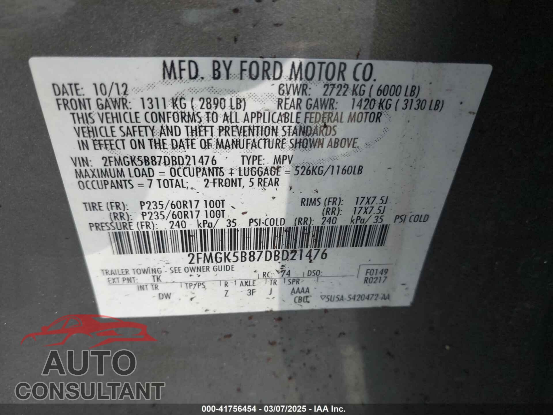 FORD FLEX 2013 - 2FMGK5B87DBD21476