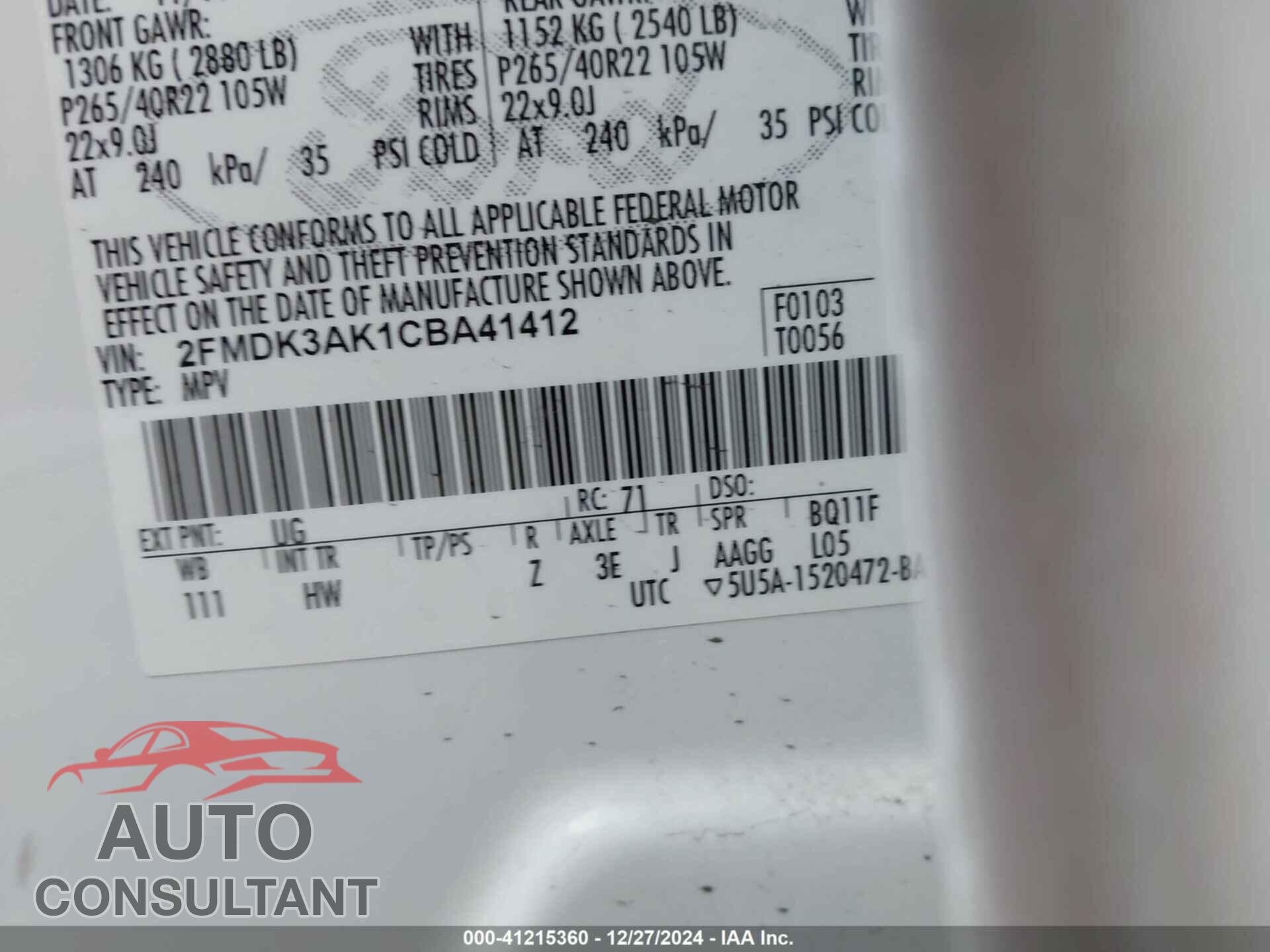 FORD EDGE 2012 - 2FMDK3AK1CBA41412
