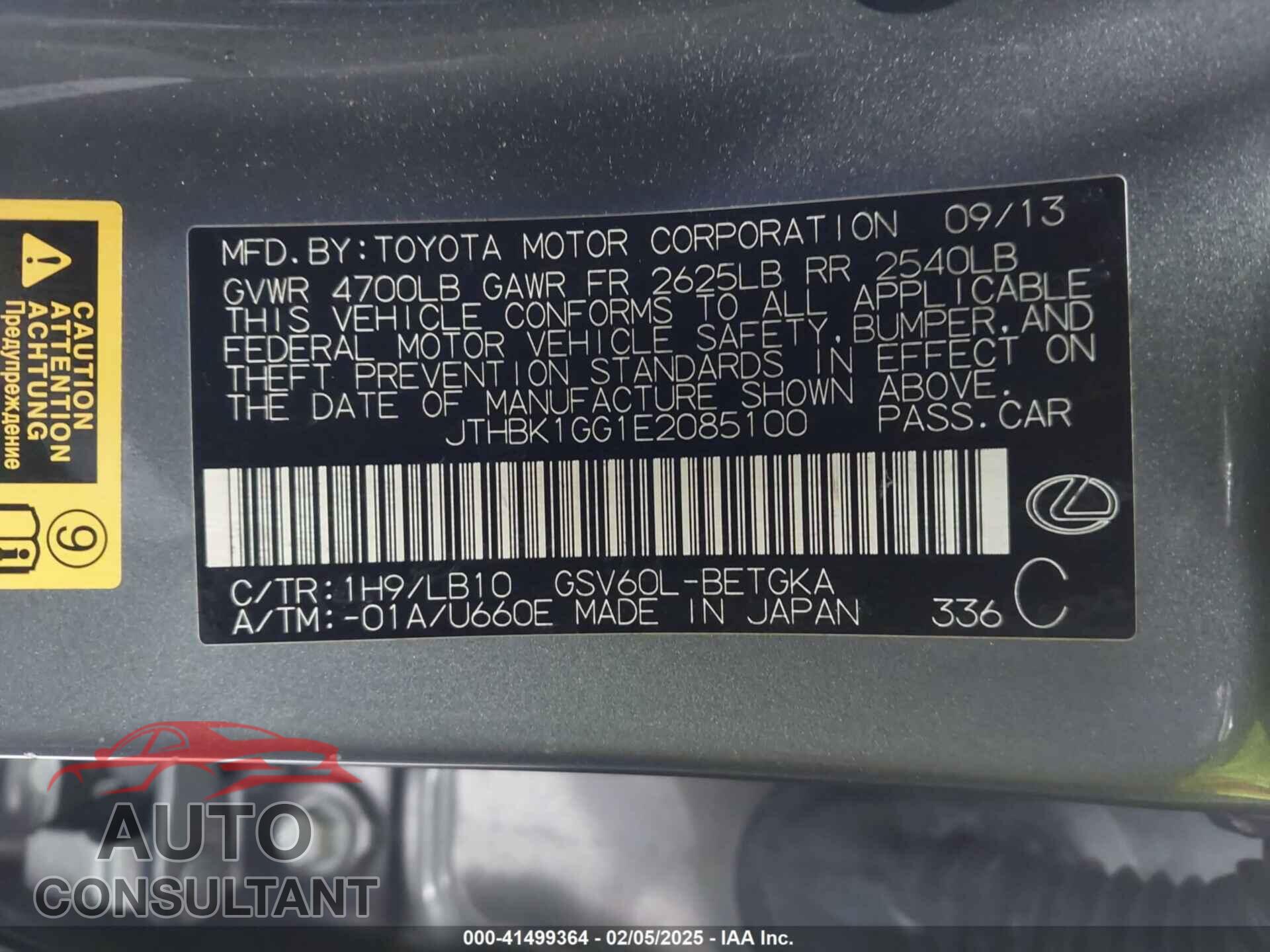 LEXUS ES 350 2014 - JTHBK1GG1E2085100