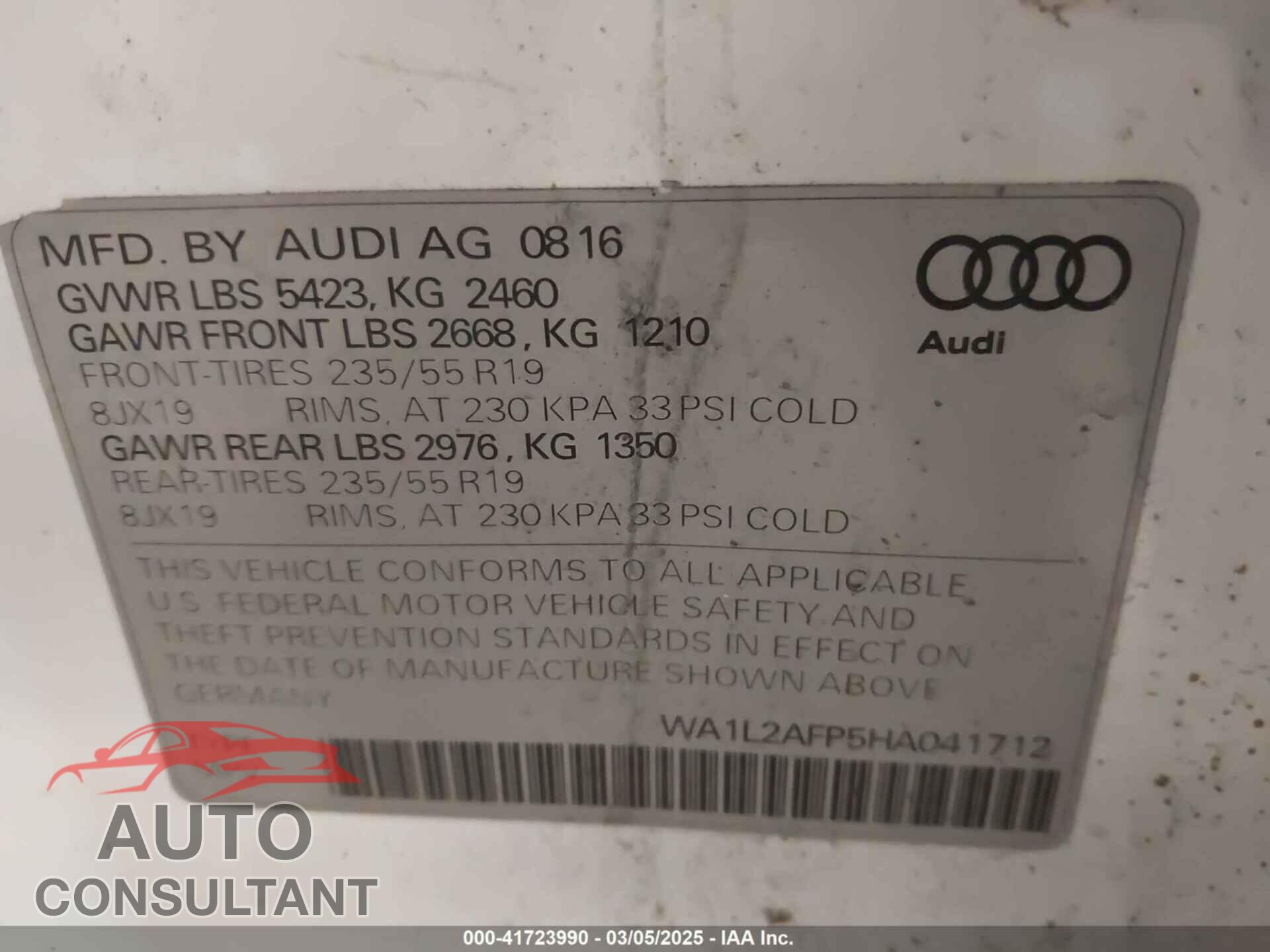 AUDI Q5 2017 - WA1L2AFP5HA041712