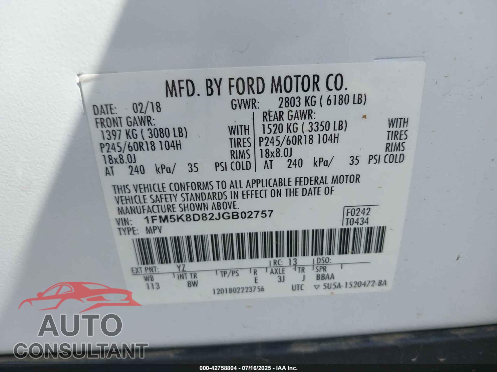 FORD EXPLORER 2018 - 1FM5K8D82JGB02757