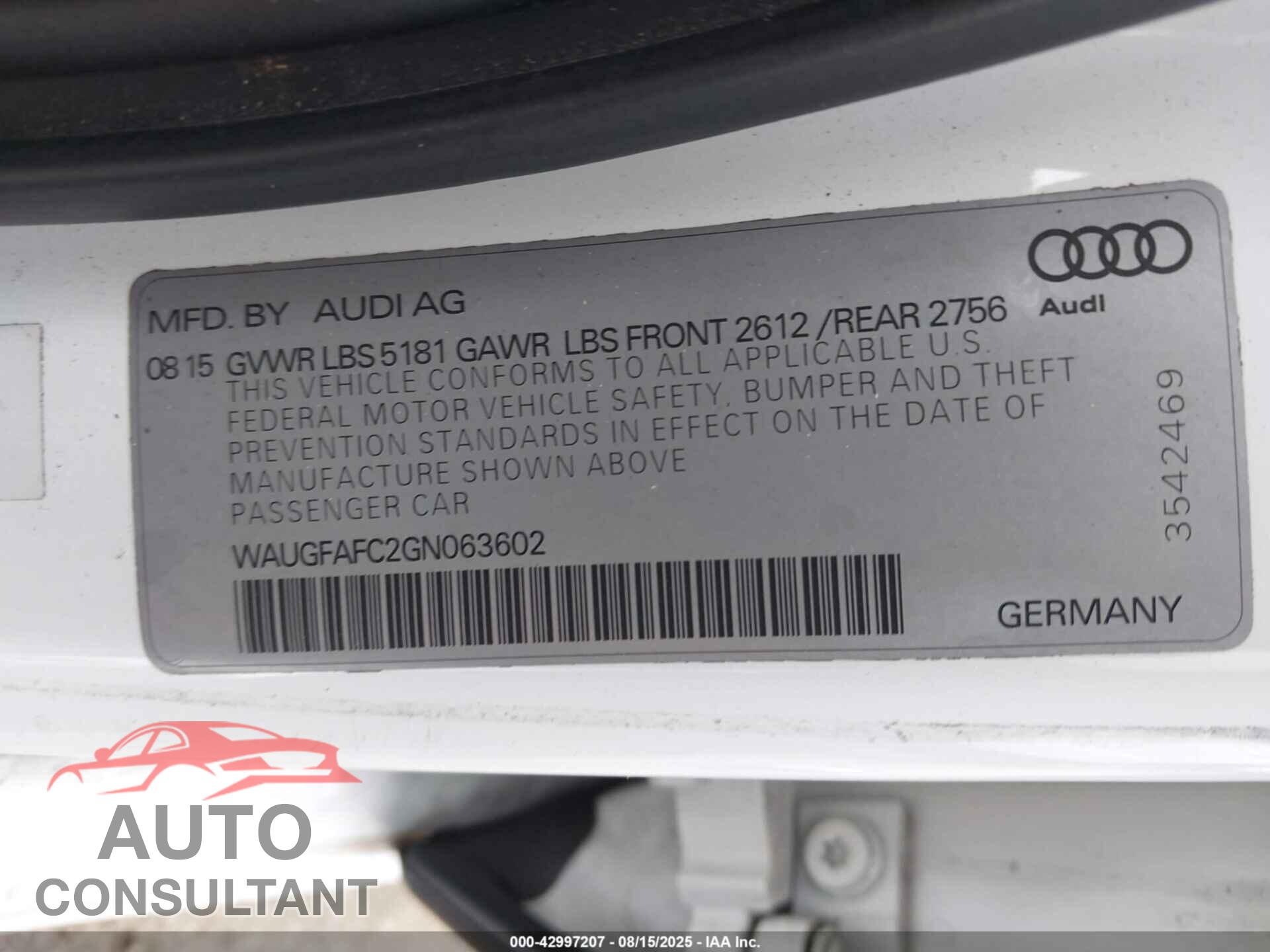AUDI A6 2016 - WAUGFAFC2GN063602