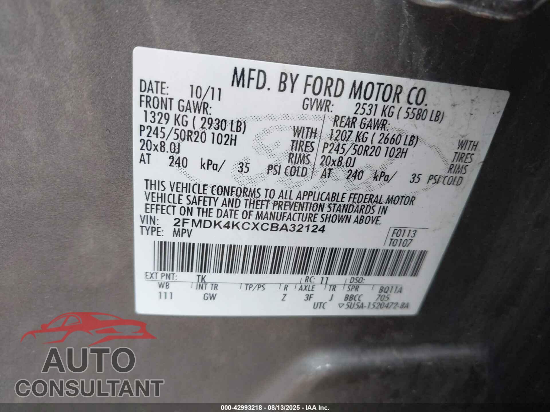FORD EDGE 2012 - 2FMDK4KCXCBA32124