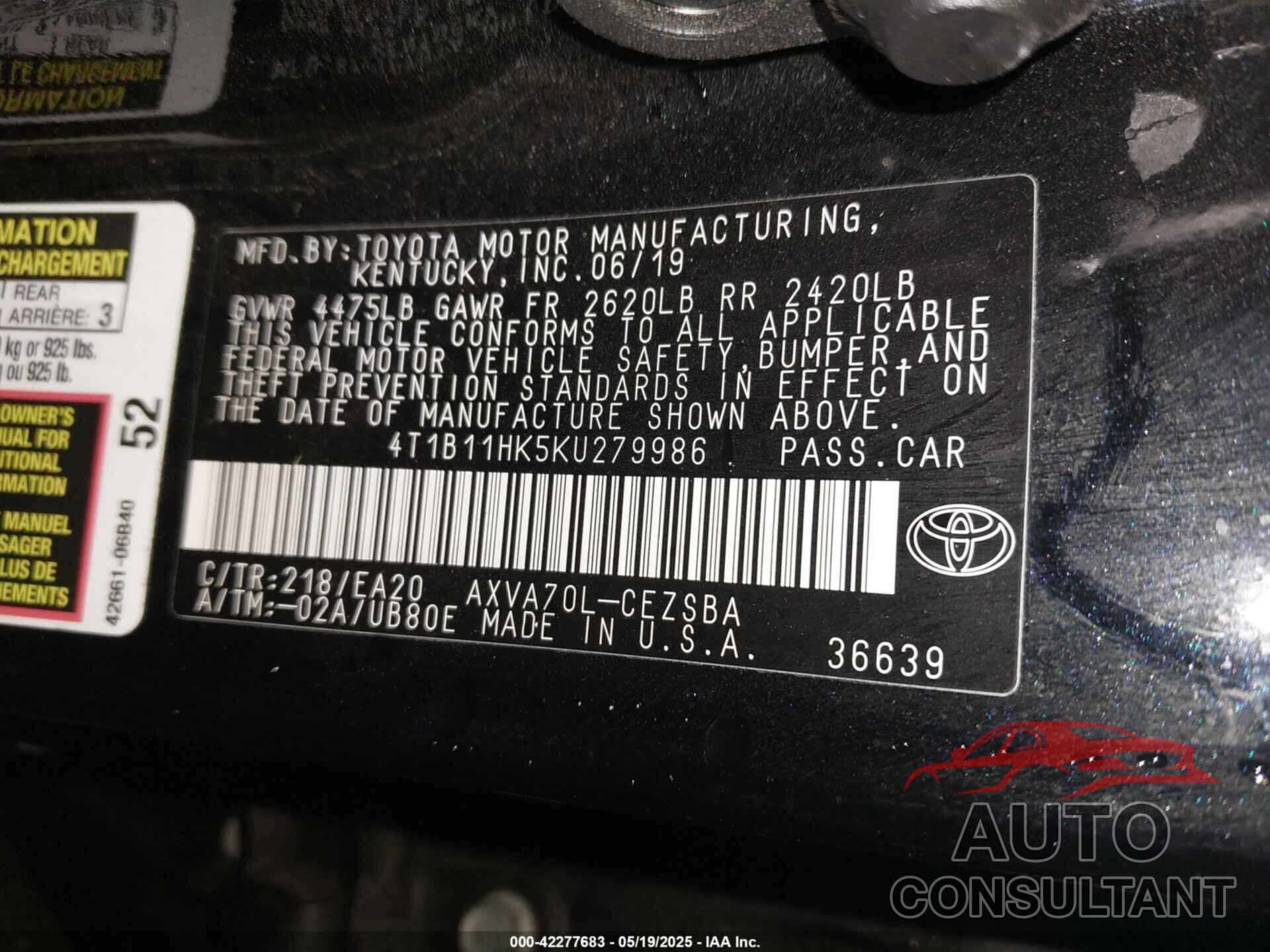 TOYOTA CAMRY 2019 - 4T1B11HK5KU279986