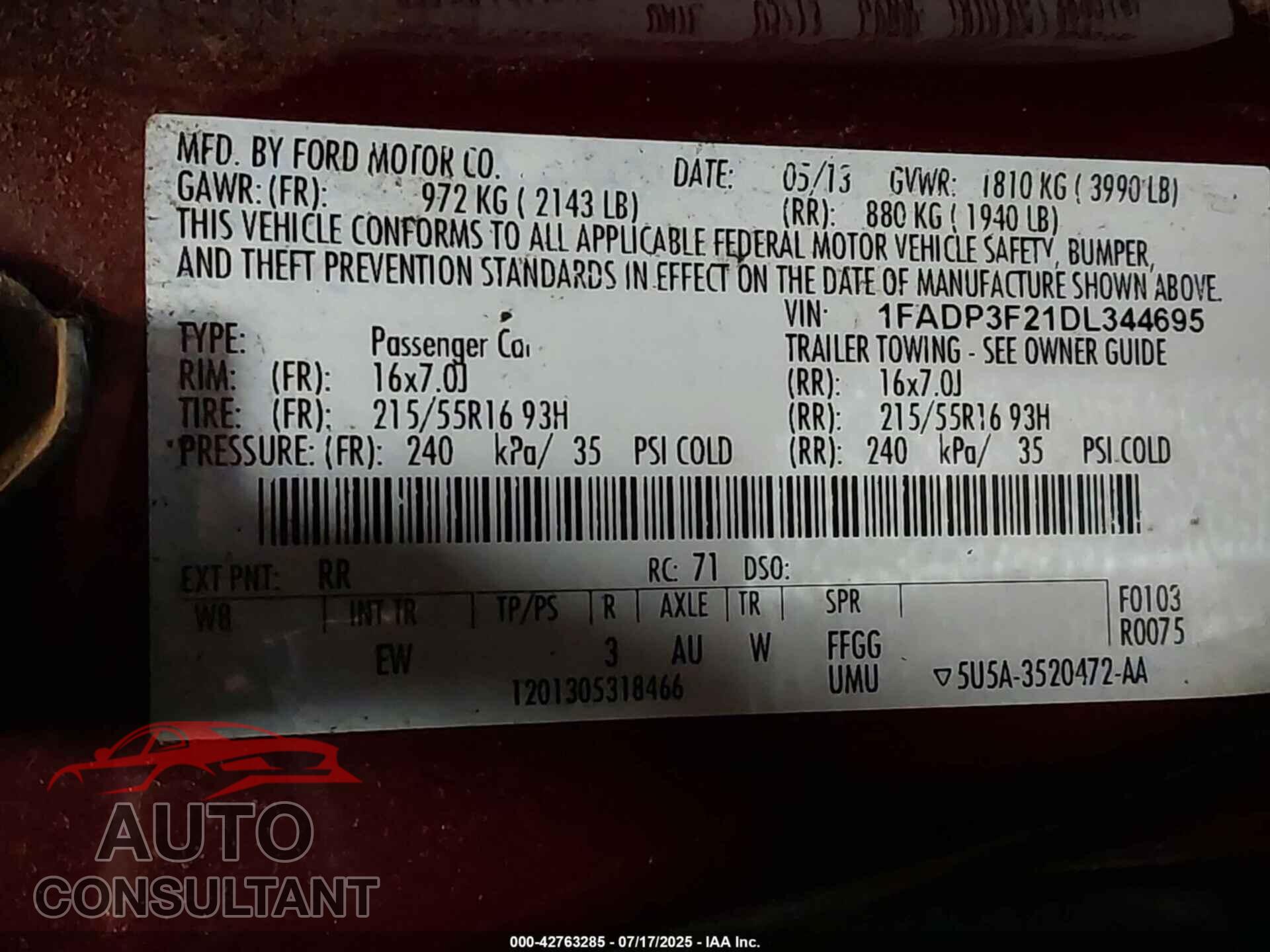 FORD FOCUS 2013 - 1FADP3F21DL344695